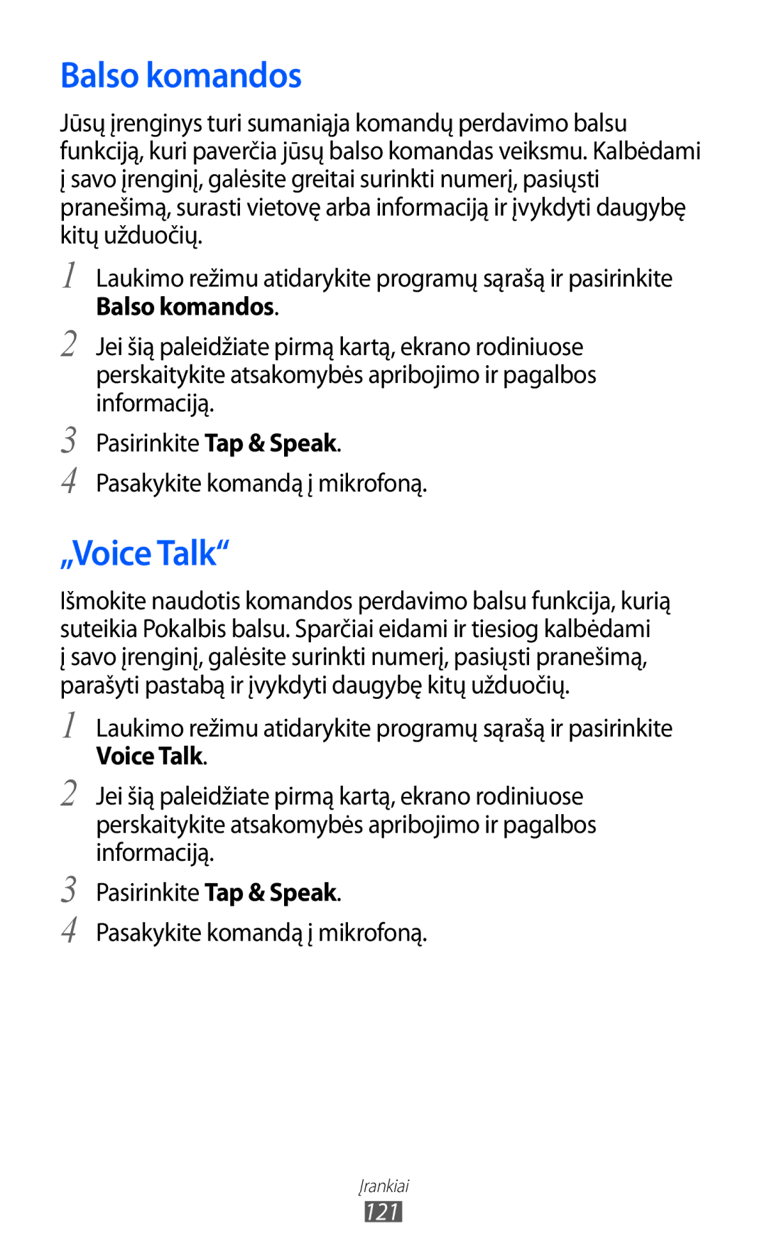 Samsung GT-I9103MAASEB manual Balso komandos, „Voice Talk 