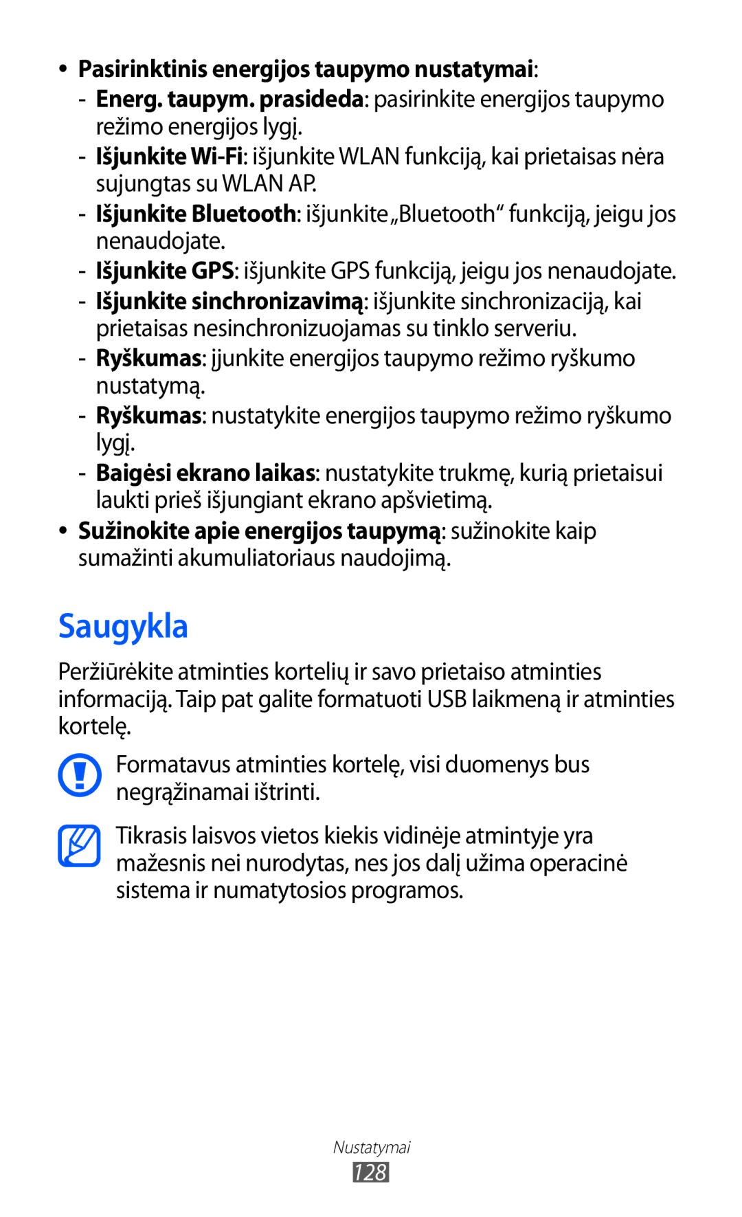 Samsung GT-I9103MAASEB manual Saugykla, Pasirinktinis energijos taupymo nustatymai 