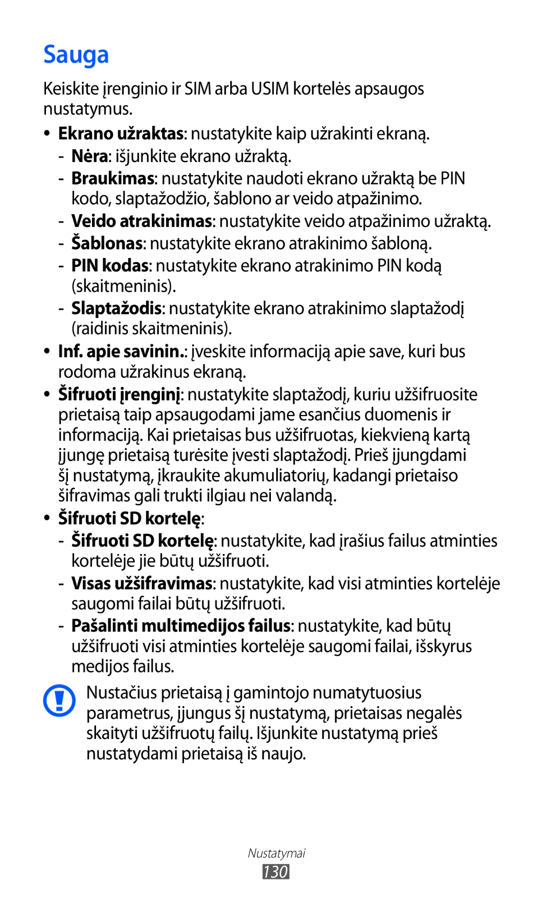 Samsung GT-I9103MAASEB manual Sauga, Šifruoti SD kortelę 