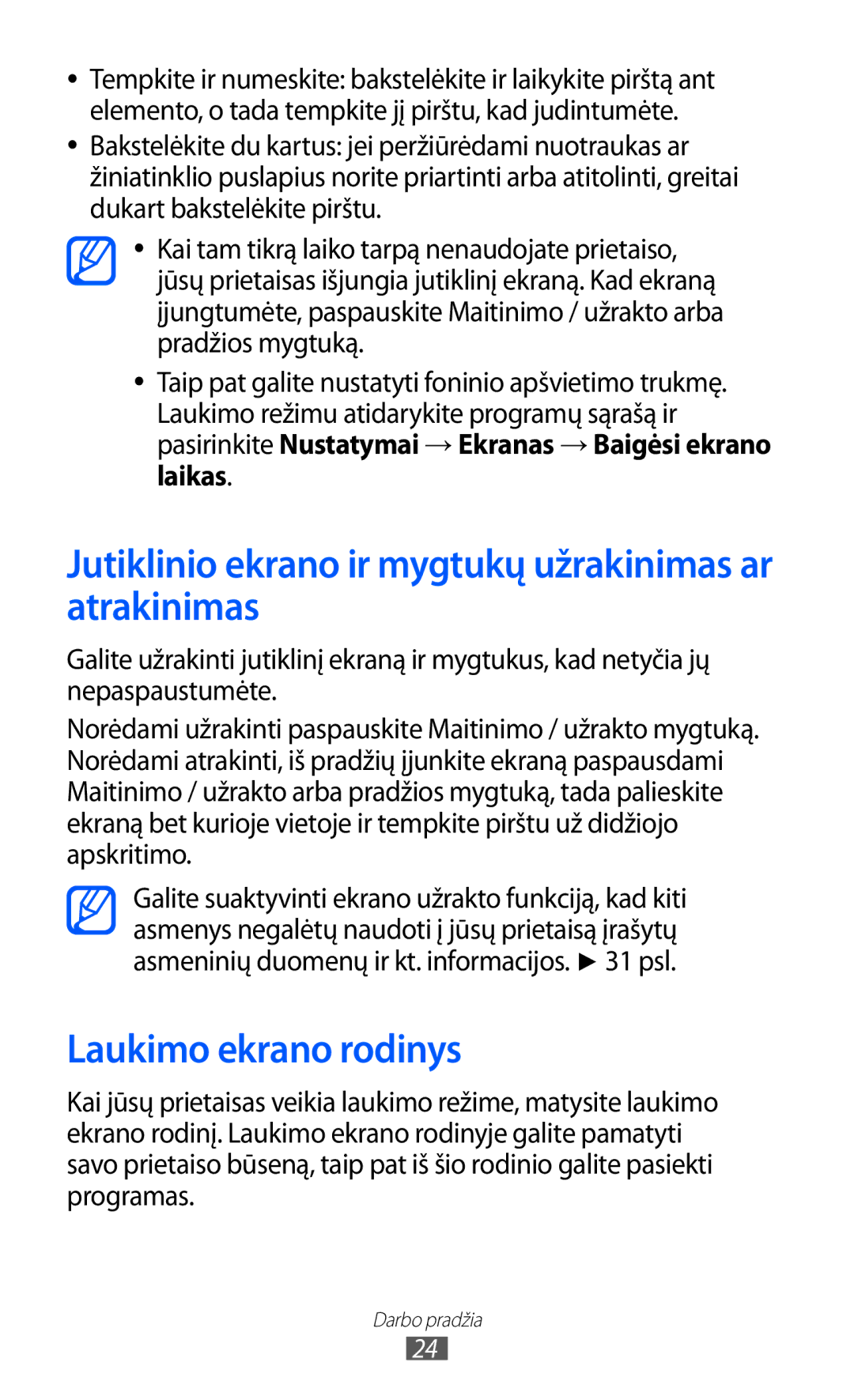 Samsung GT-I9103MAASEB manual Jutiklinio ekrano ir mygtukų užrakinimas ar atrakinimas, Laukimo ekrano rodinys 