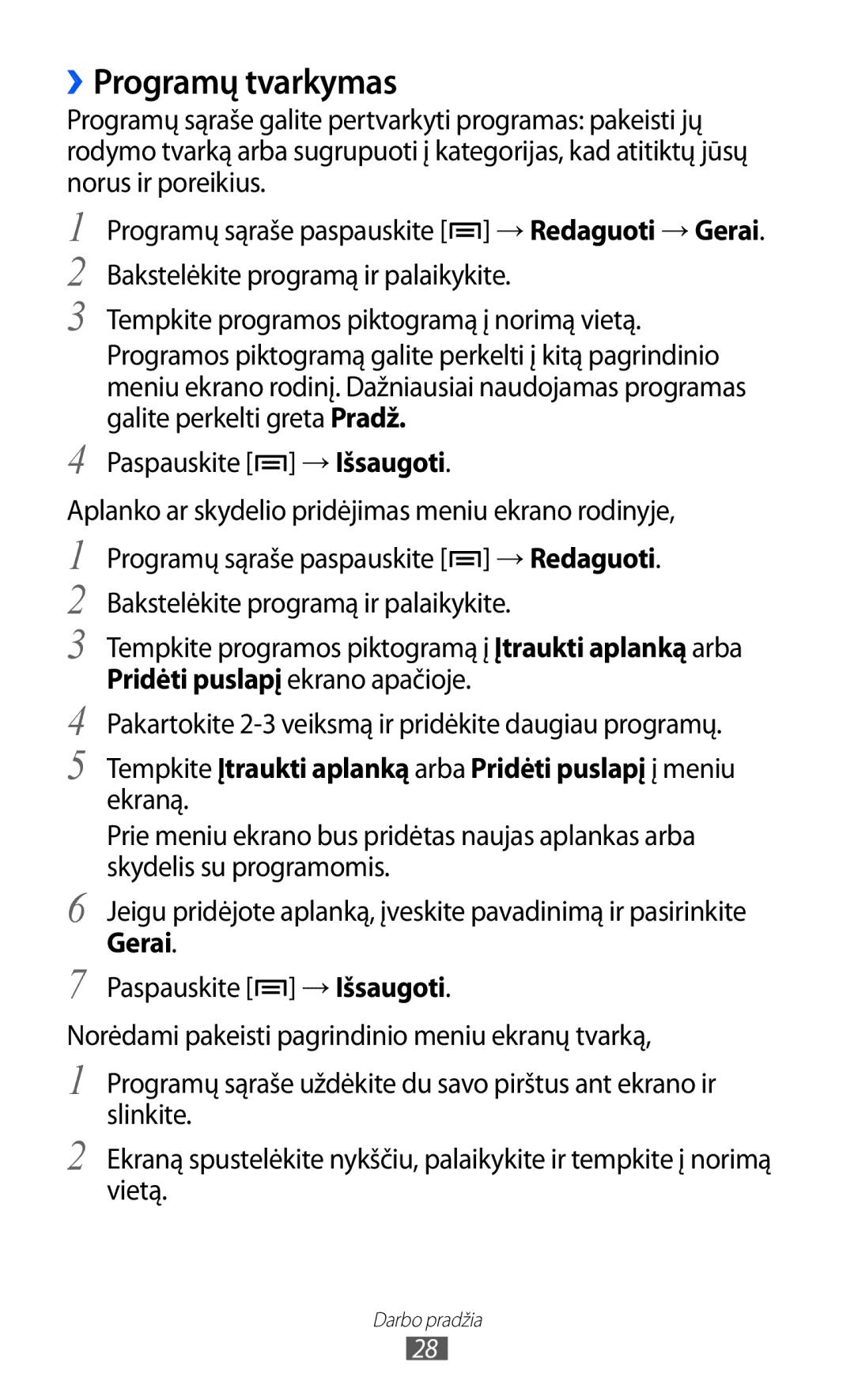 Samsung GT-I9103MAASEB manual ››Programų tvarkymas, Pridėti puslapį ekrano apačioje, Ekraną, Skydelis su programomis, Gerai 