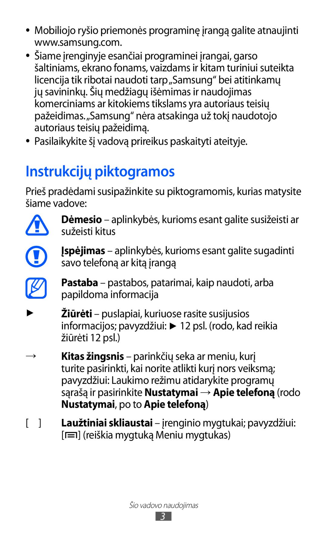 Samsung GT-I9103MAASEB manual Instrukcijų piktogramos, Pasilaikykite šį vadovą prireikus paskaityti ateityje 