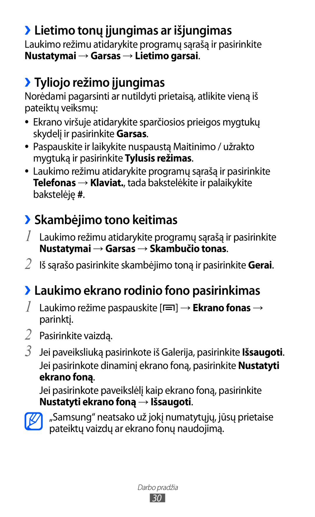 Samsung GT-I9103MAASEB ››Lietimo tonų įjungimas ar išjungimas, ››Tyliojo režimo įjungimas, ››Skambėjimo tono keitimas 