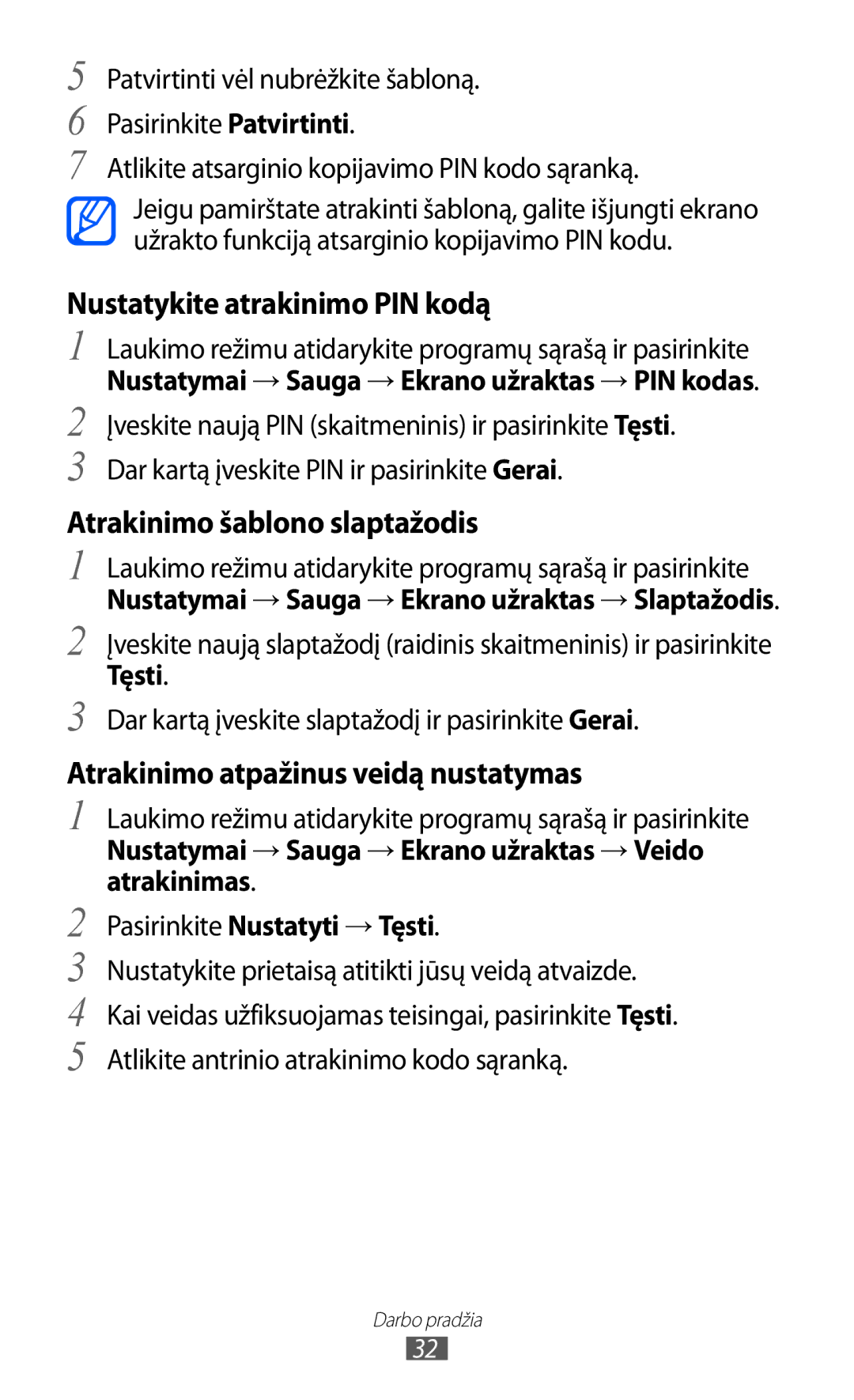 Samsung GT-I9103MAASEB manual Nustatykite atrakinimo PIN kodą, Atrakinimo šablono slaptažodis 