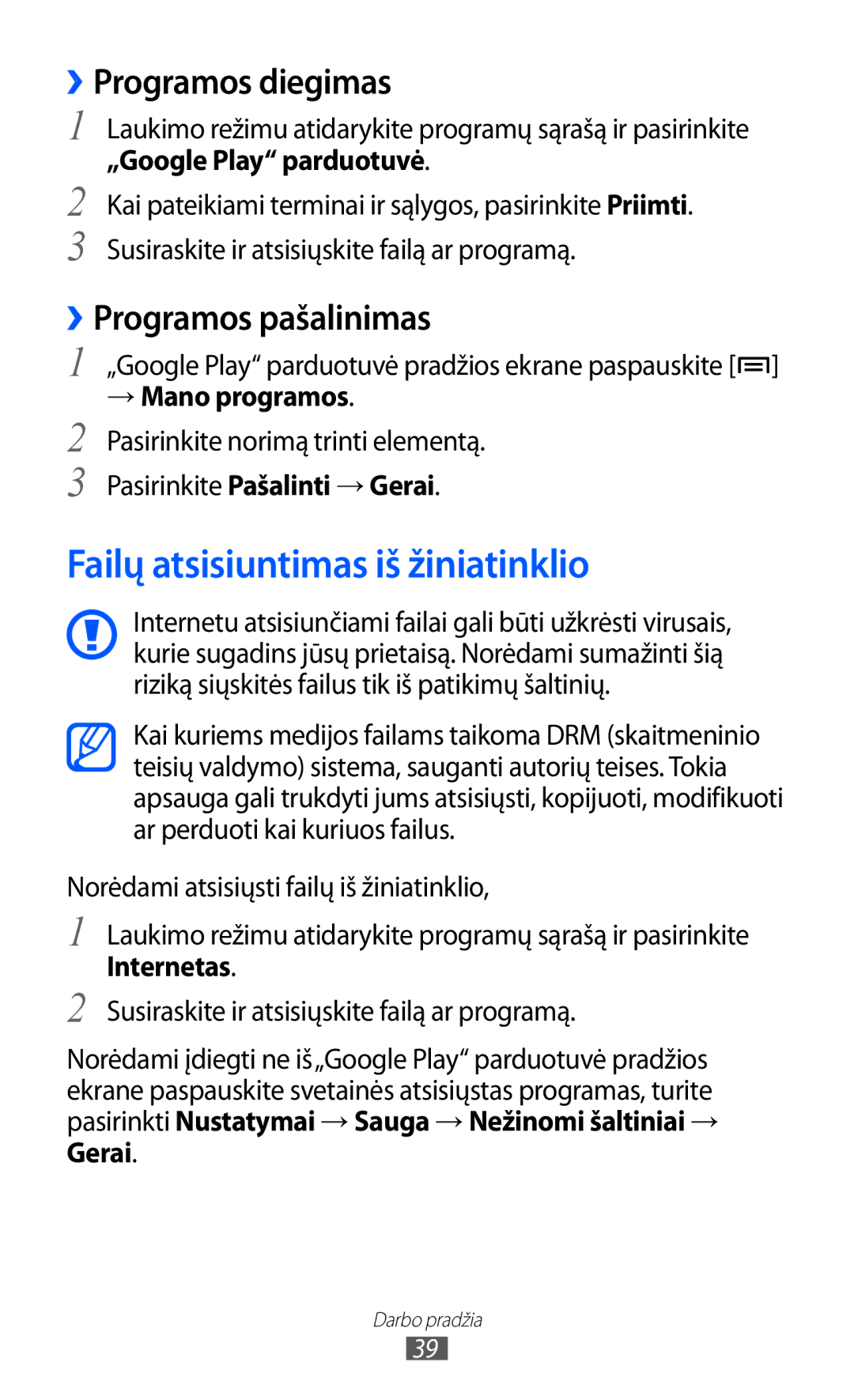 Samsung GT-I9103MAASEB manual Failų atsisiuntimas iš žiniatinklio, ››Programos diegimas, ››Programos pašalinimas 