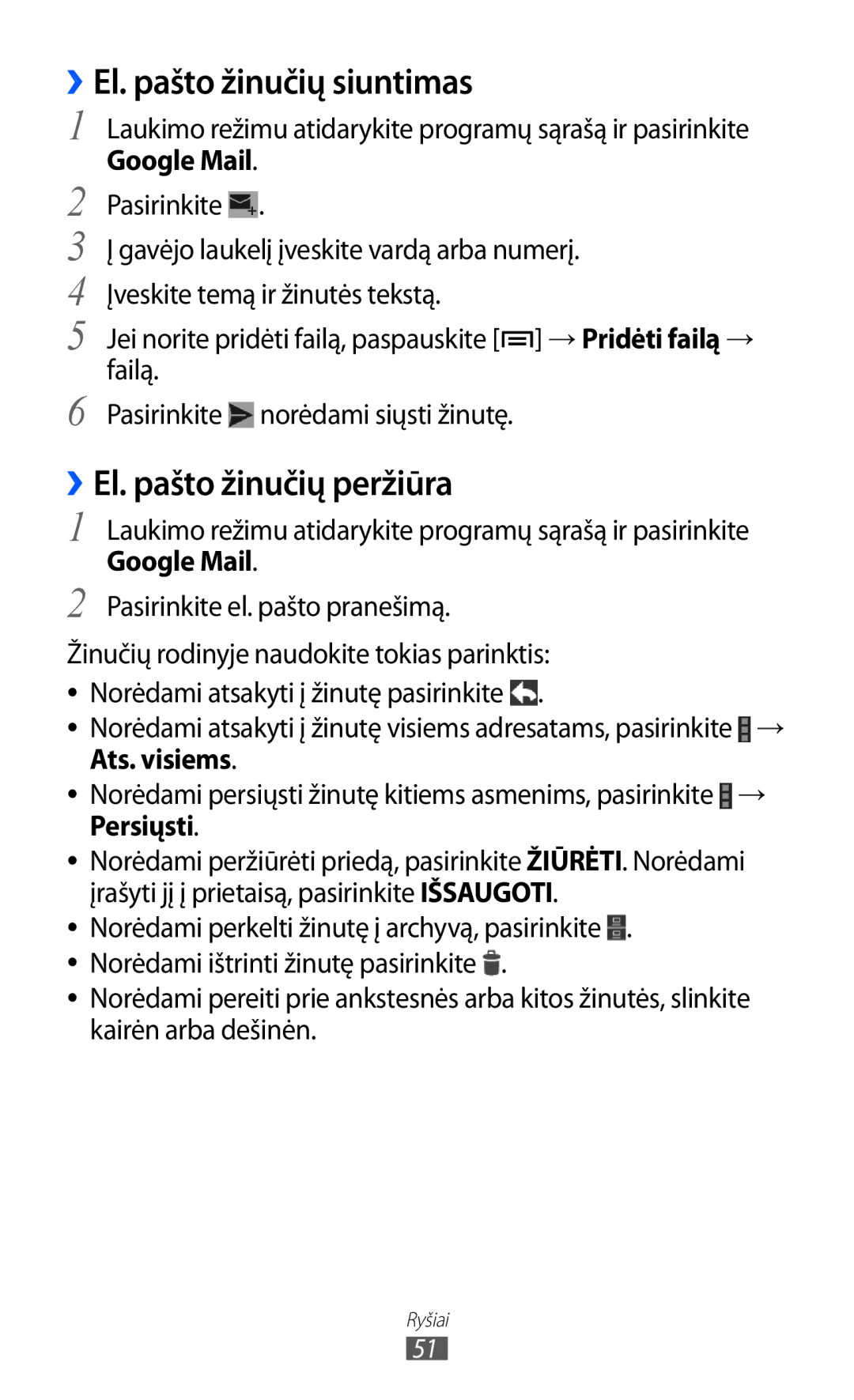 Samsung GT-I9103MAASEB manual ››El. pašto žinučių siuntimas, ››El. pašto žinučių peržiūra, Google Mail 