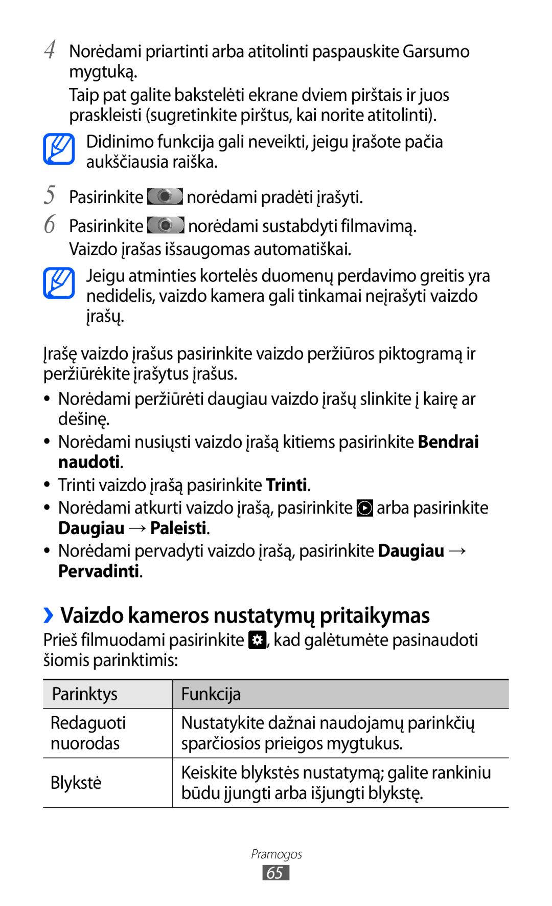 Samsung GT-I9103MAASEB manual ››Vaizdo kameros nustatymų pritaikymas, Nuorodas Sparčiosios prieigos mygtukus Blykstė 