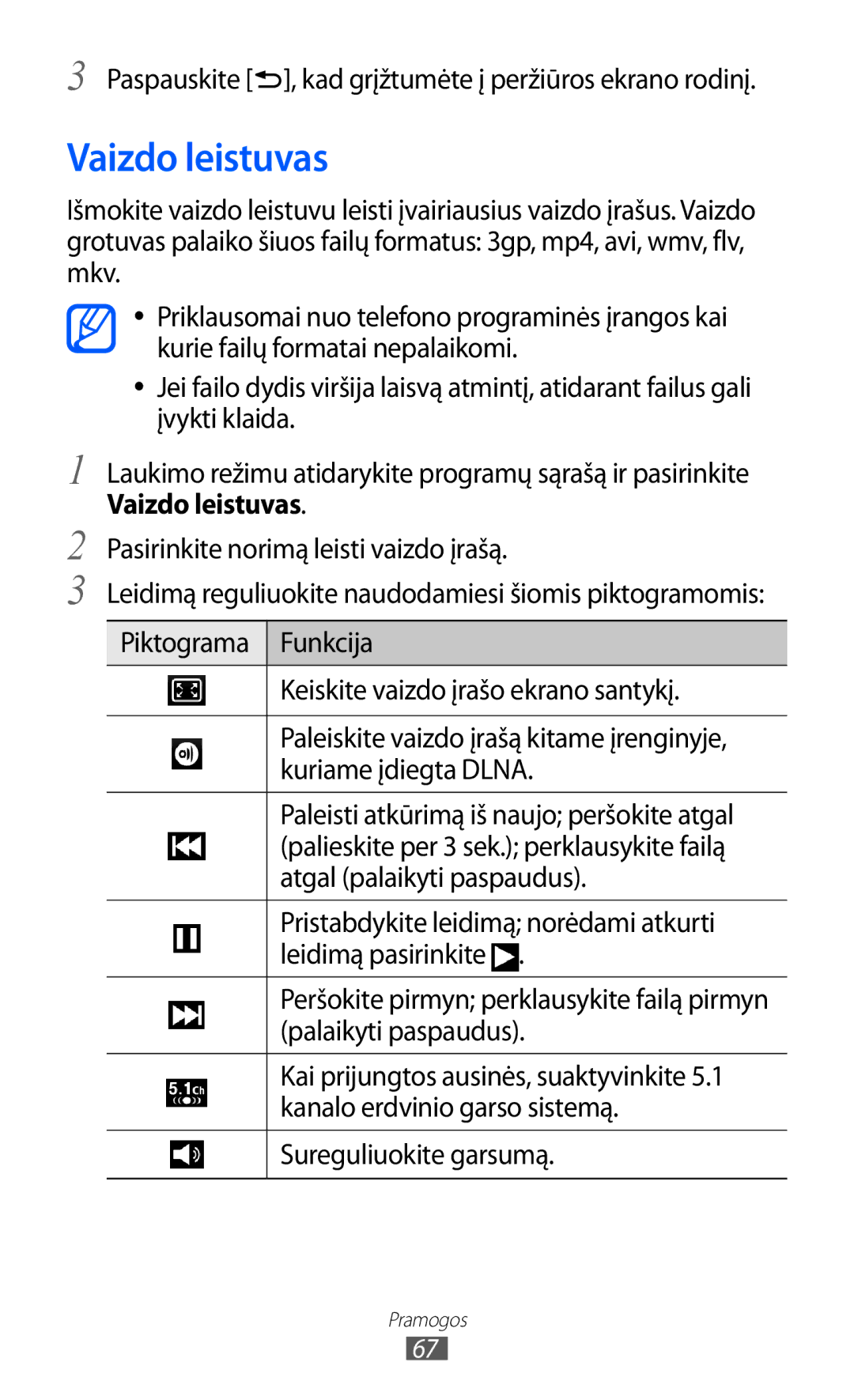 Samsung GT-I9103MAASEB Vaizdo leistuvas, Paspauskite , kad grįžtumėte į peržiūros ekrano rodinį, Sureguliuokite garsumą 