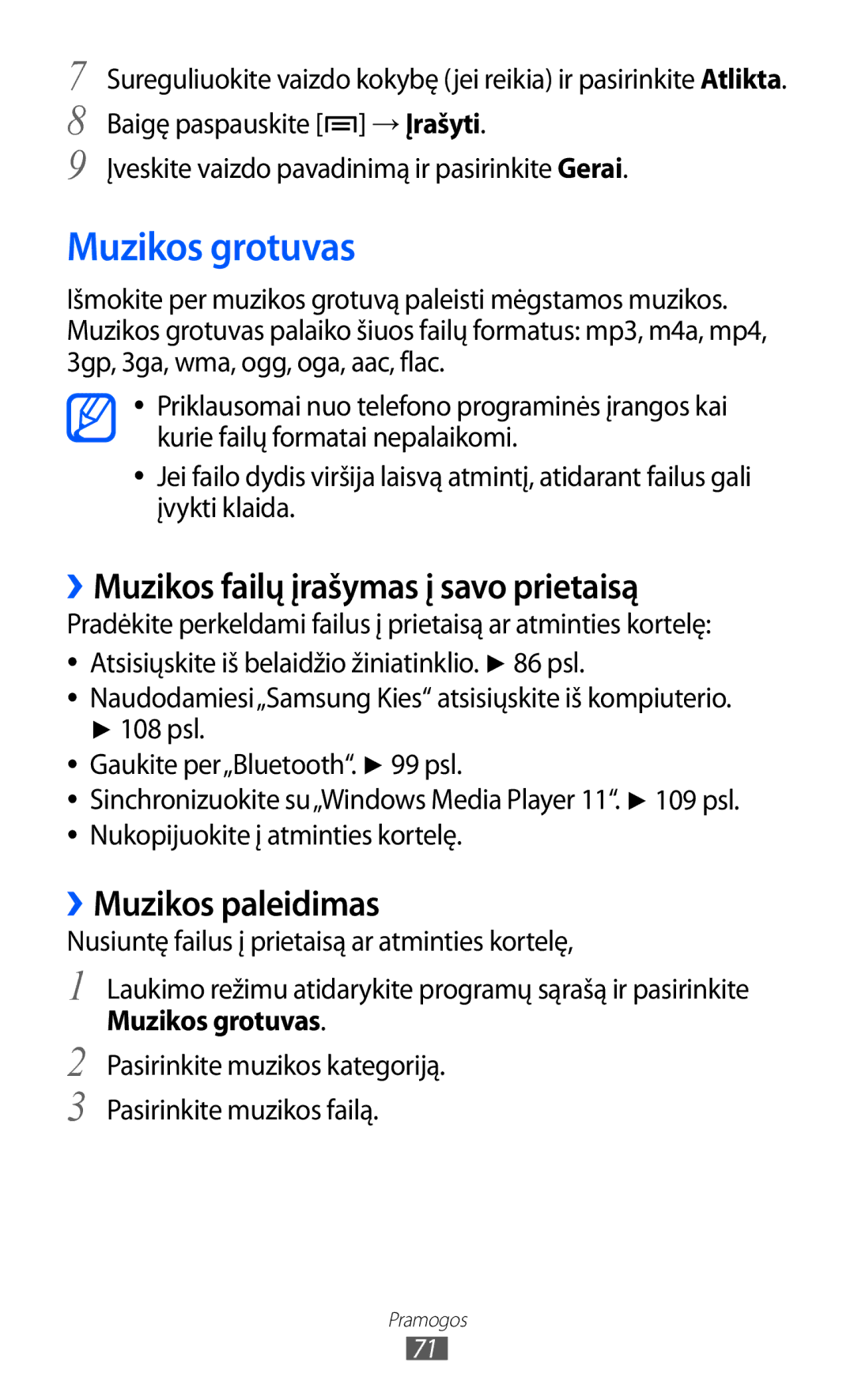 Samsung GT-I9103MAASEB manual Muzikos grotuvas, ››Muzikos failų įrašymas į savo prietaisą, ››Muzikos paleidimas 