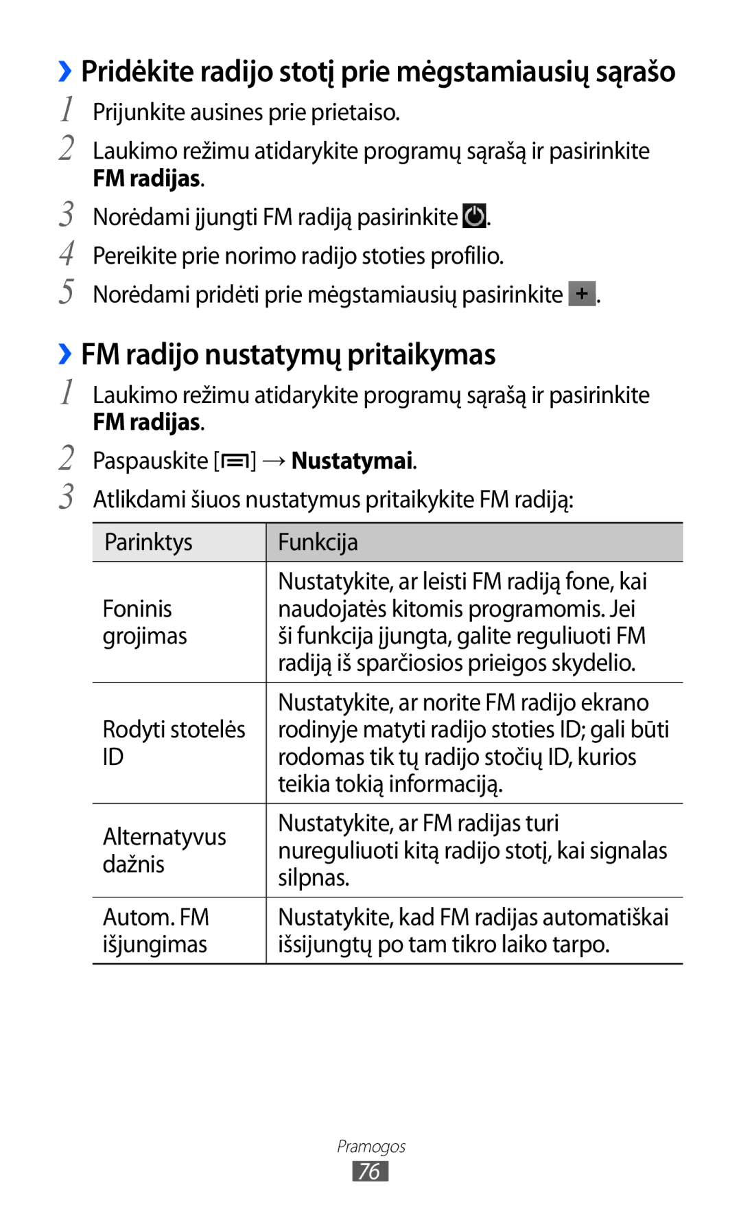 Samsung GT-I9103MAASEB manual ››FM radijo nustatymų pritaikymas, ››Pridėkite radijo stotį prie mėgstamiausių sąrašo 