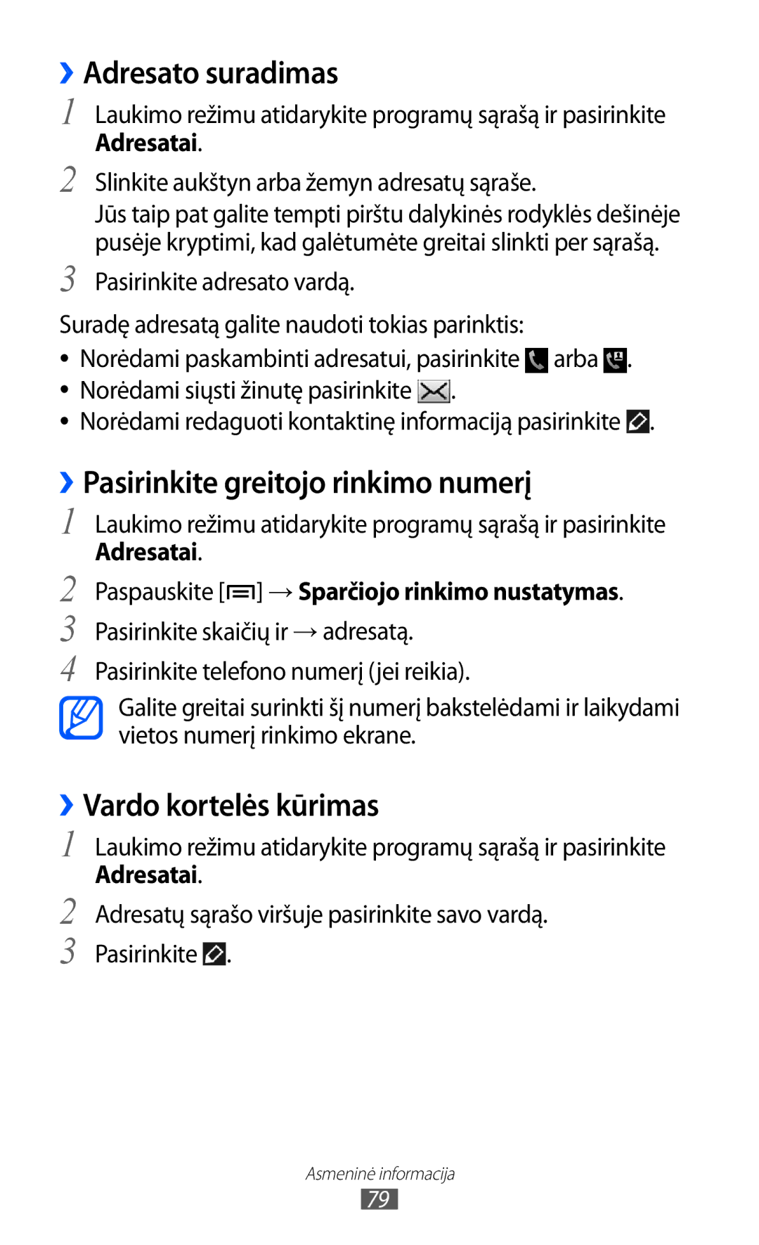 Samsung GT-I9103MAASEB manual ››Adresato suradimas, ››Pasirinkite greitojo rinkimo numerį, ››Vardo kortelės kūrimas 