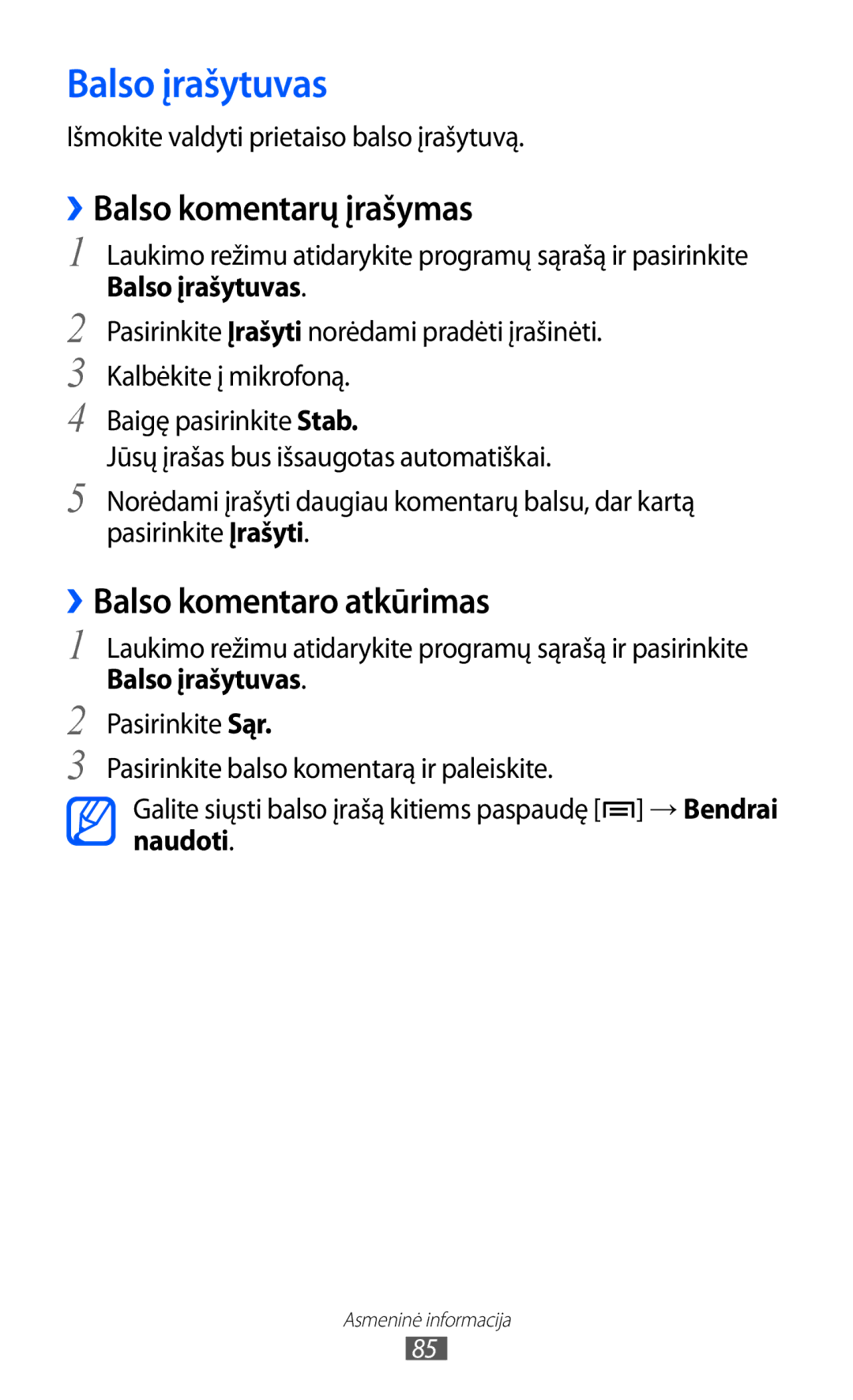 Samsung GT-I9103MAASEB manual Balso įrašytuvas, ››Balso komentarų įrašymas, ››Balso komentaro atkūrimas 