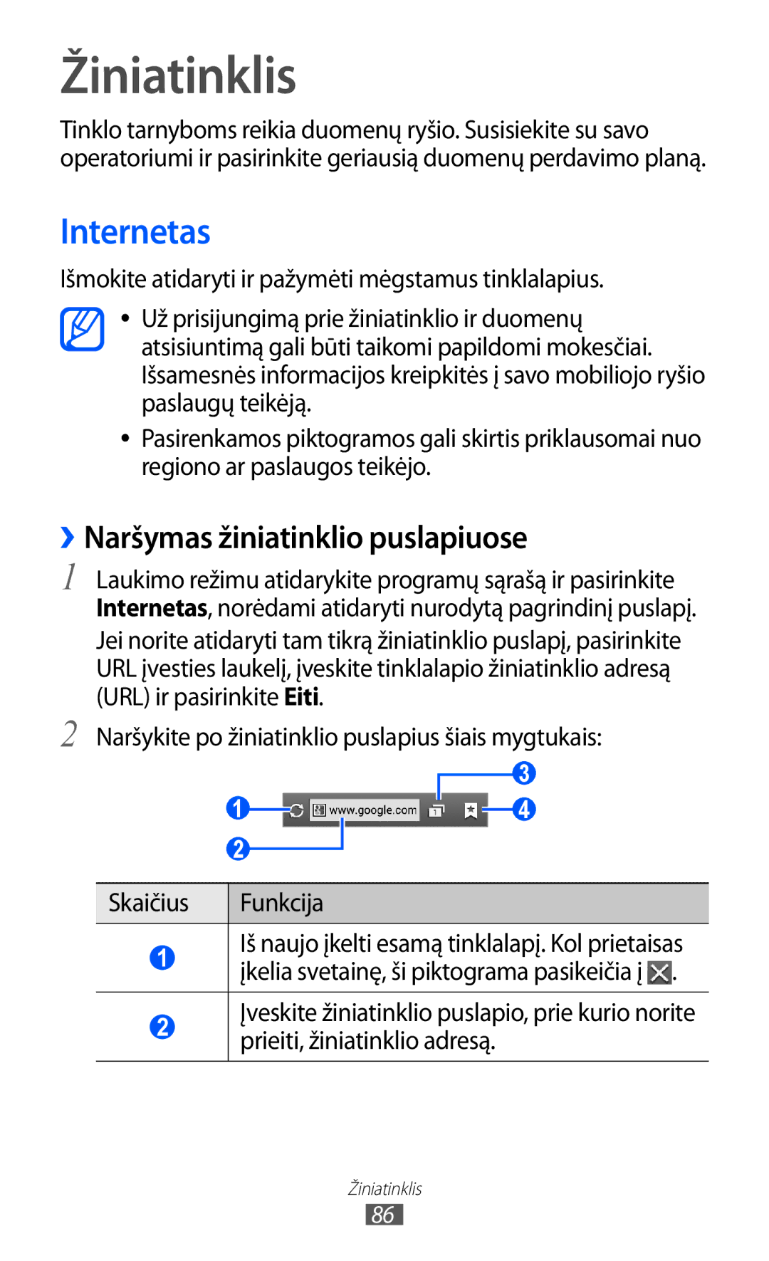 Samsung GT-I9103MAASEB manual Žiniatinklis, Internetas, ››Naršymas žiniatinklio puslapiuose 