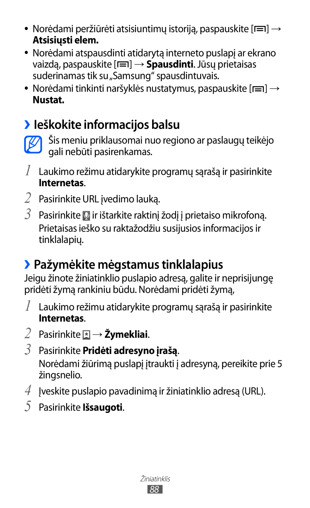 Samsung GT-I9103MAASEB manual ››Ieškokite informacijos balsu, ››Pažymėkite mėgstamus tinklalapius 