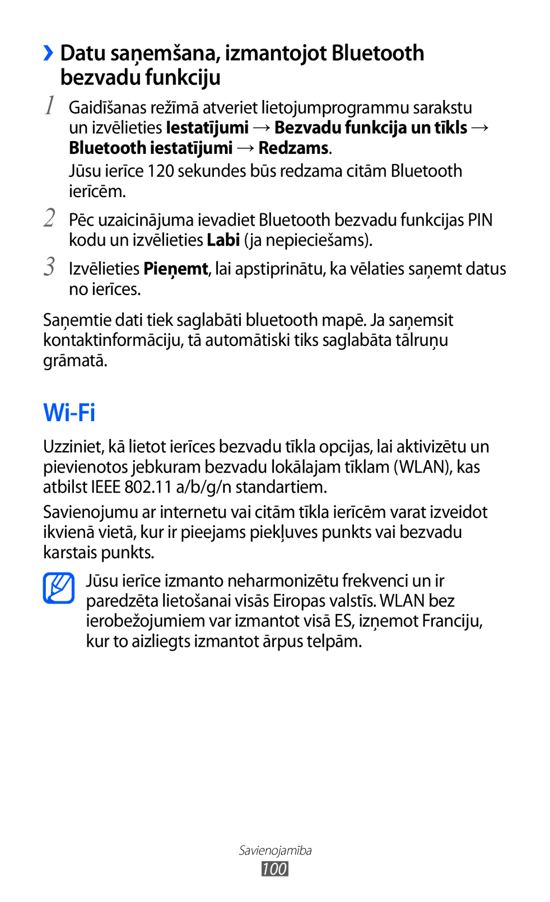 Samsung GT-I9103MAASEB manual Wi-Fi, ››Datu saņemšana, izmantojot Bluetooth bezvadu funkciju 