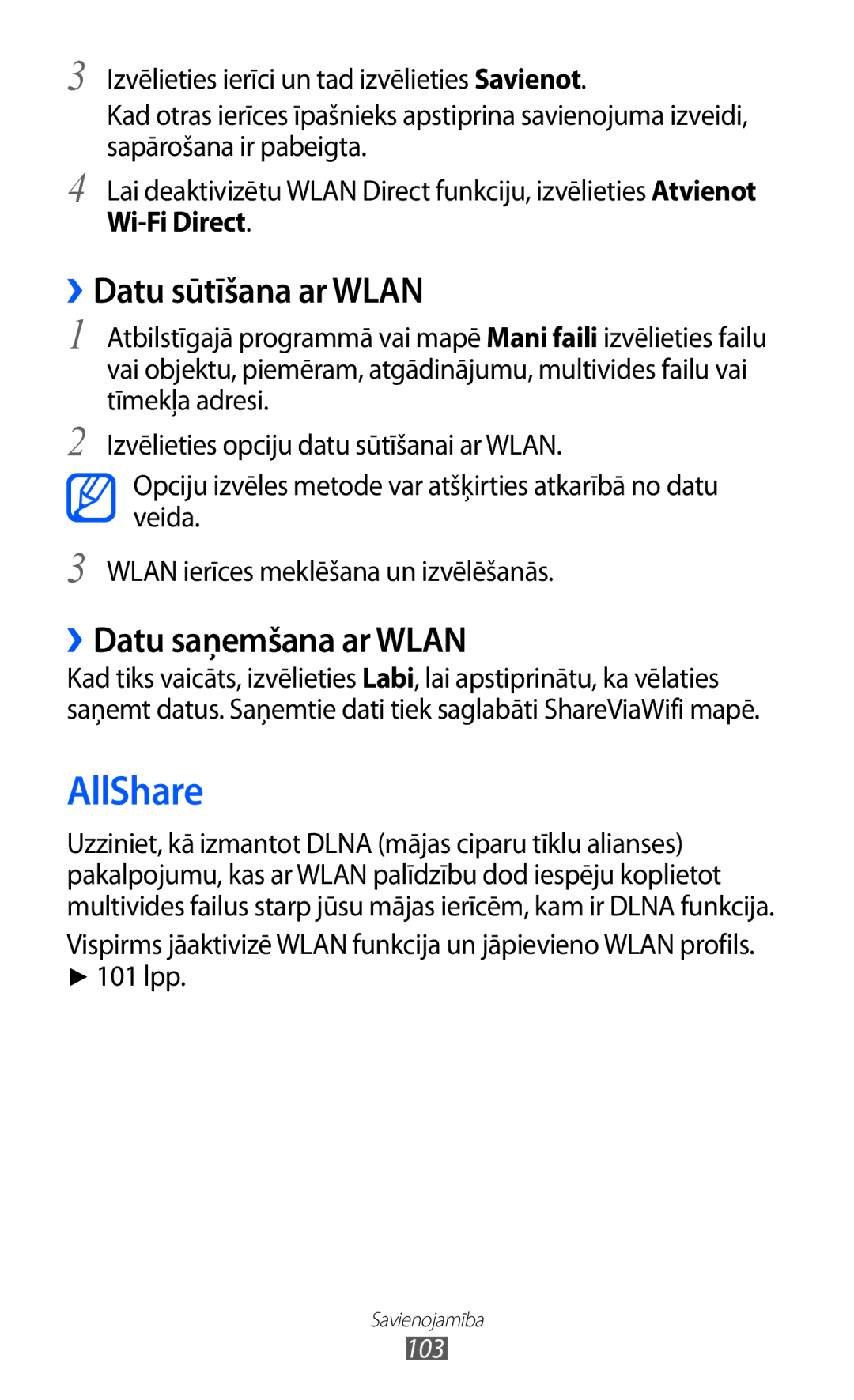 Samsung GT-I9103MAASEB manual AllShare, ››Datu sūtīšana ar Wlan, ››Datu saņemšana ar Wlan, Wi-Fi Direct, 101 lpp 