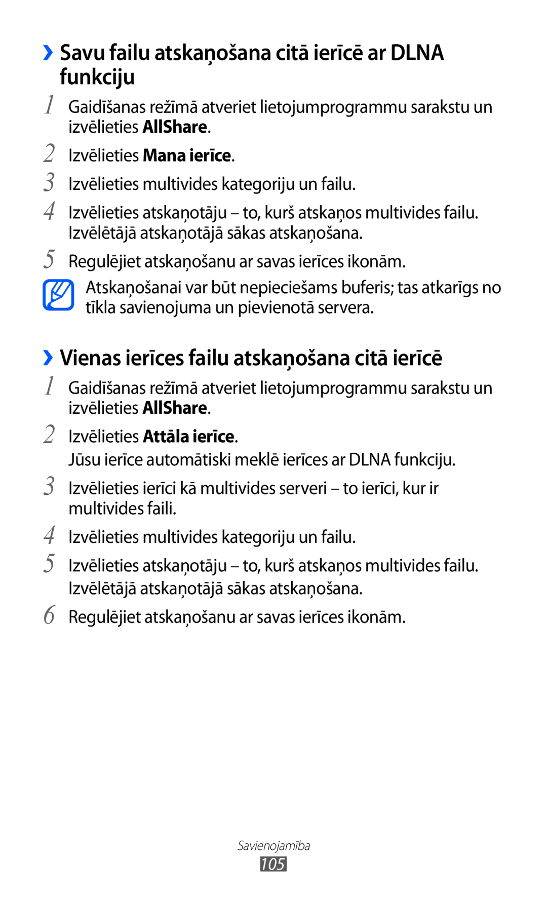 Samsung GT-I9103MAASEB manual ››Savu failu atskaņošana citā ierīcē ar Dlna funkciju 