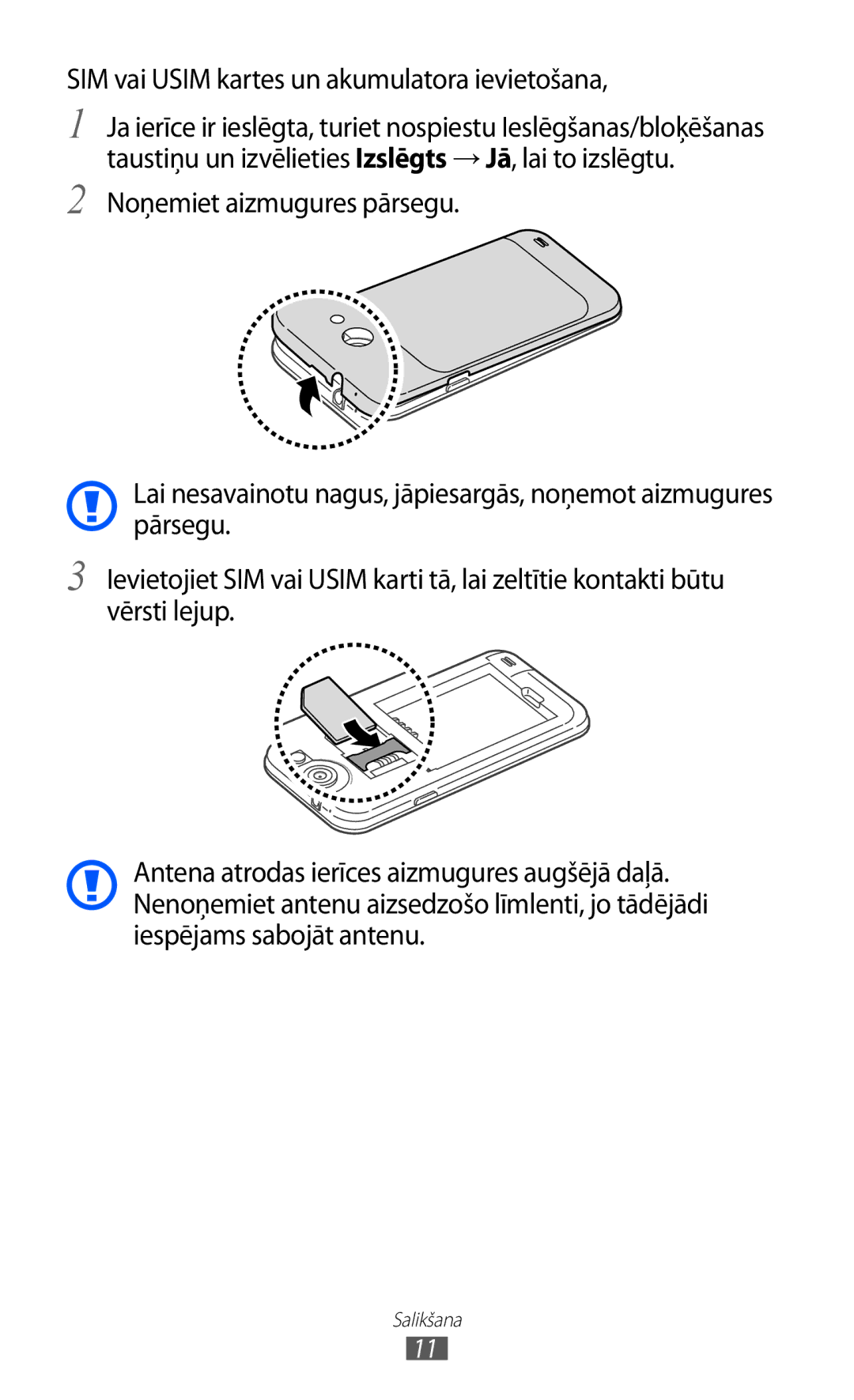 Samsung GT-I9103MAASEB manual SIM vai Usim kartes un akumulatora ievietošana 