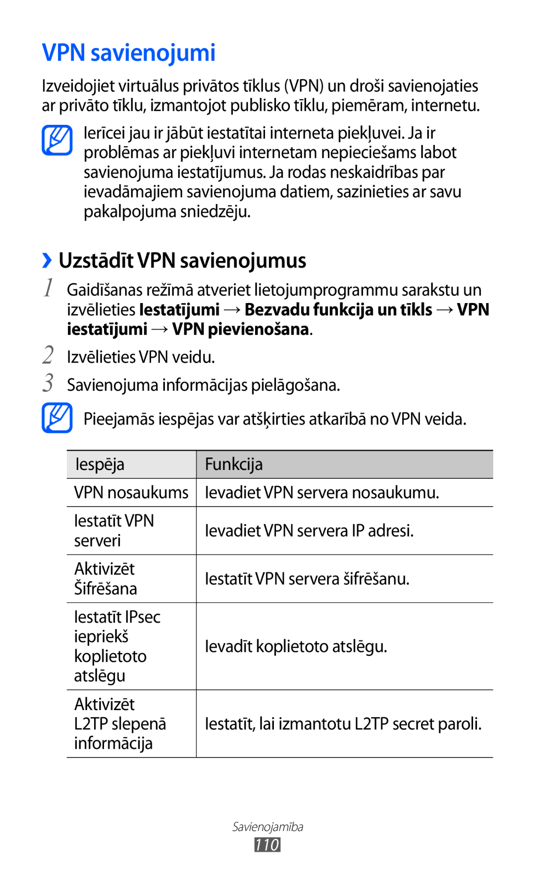 Samsung GT-I9103MAASEB manual VPN savienojumi, ››Uzstādīt VPN savienojumus, Ievadiet VPN servera nosaukumu, Informācija 