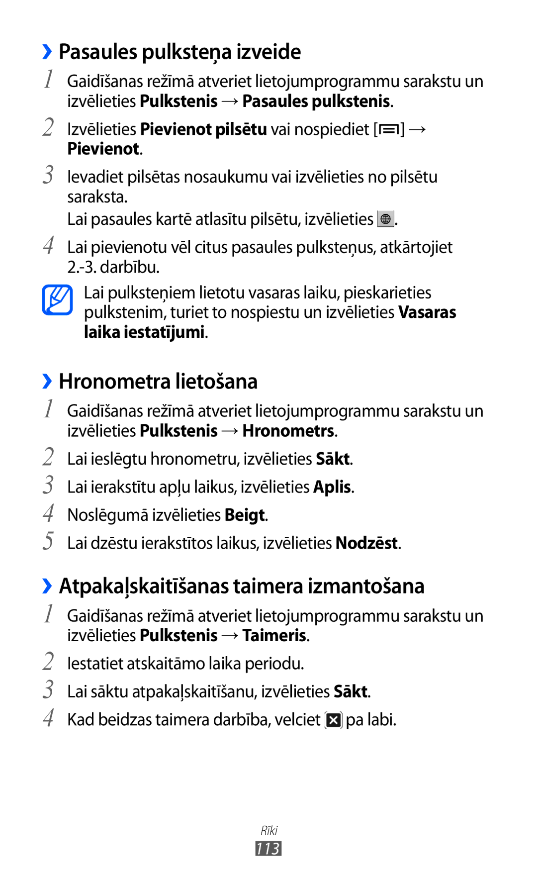 Samsung GT-I9103MAASEB manual Pasaules pulksteņa izveide, ››Hronometra lietošana, ››Atpakaļskaitīšanas taimera izmantošana 