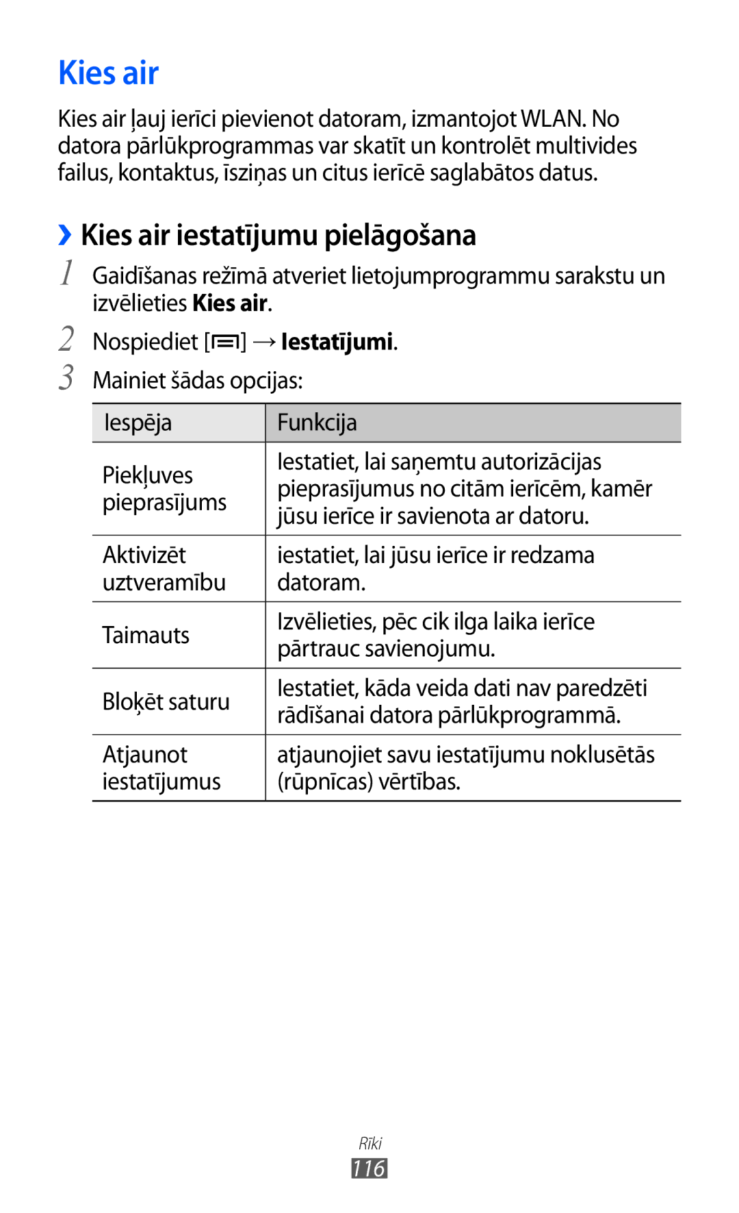 Samsung GT-I9103MAASEB manual ››Kies air iestatījumu pielāgošana 