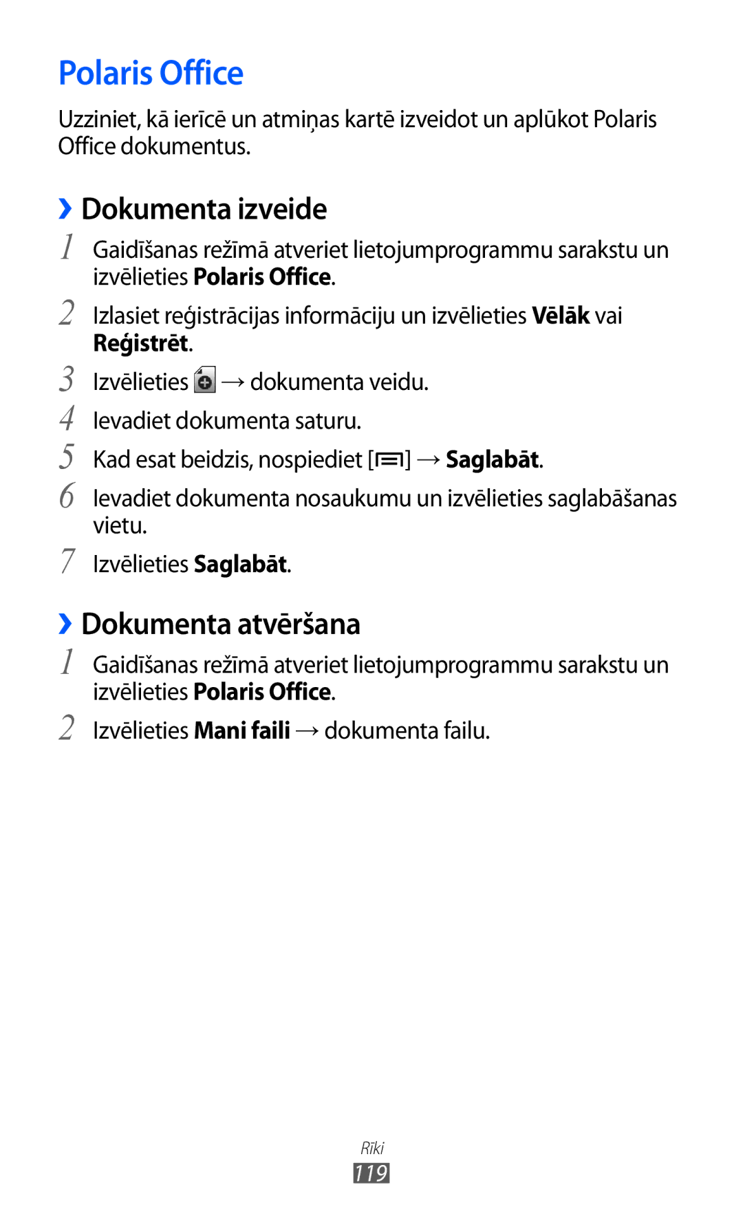 Samsung GT-I9103MAASEB manual ››Dokumenta izveide, ››Dokumenta atvēršana, Izvēlieties Polaris Office, Reģistrēt 