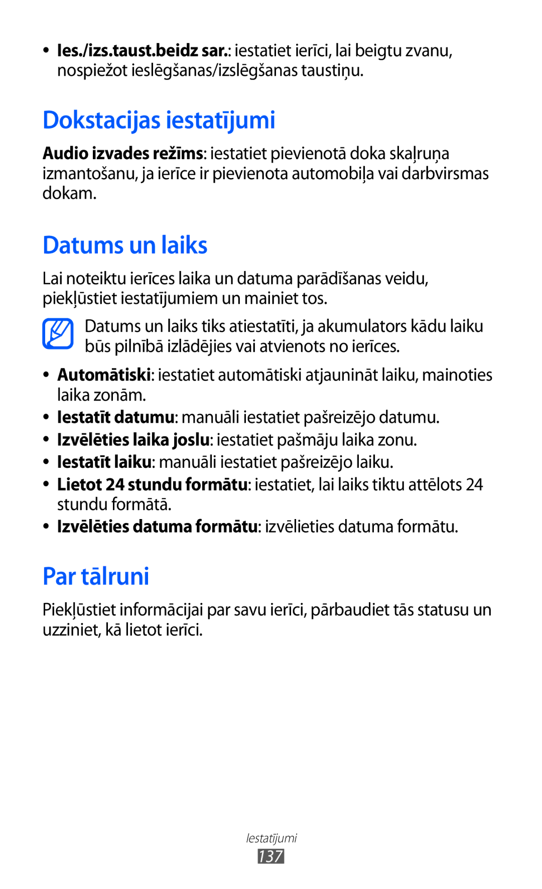 Samsung GT-I9103MAASEB manual Dokstacijas iestatījumi, Datums un laiks, Par tālruni 