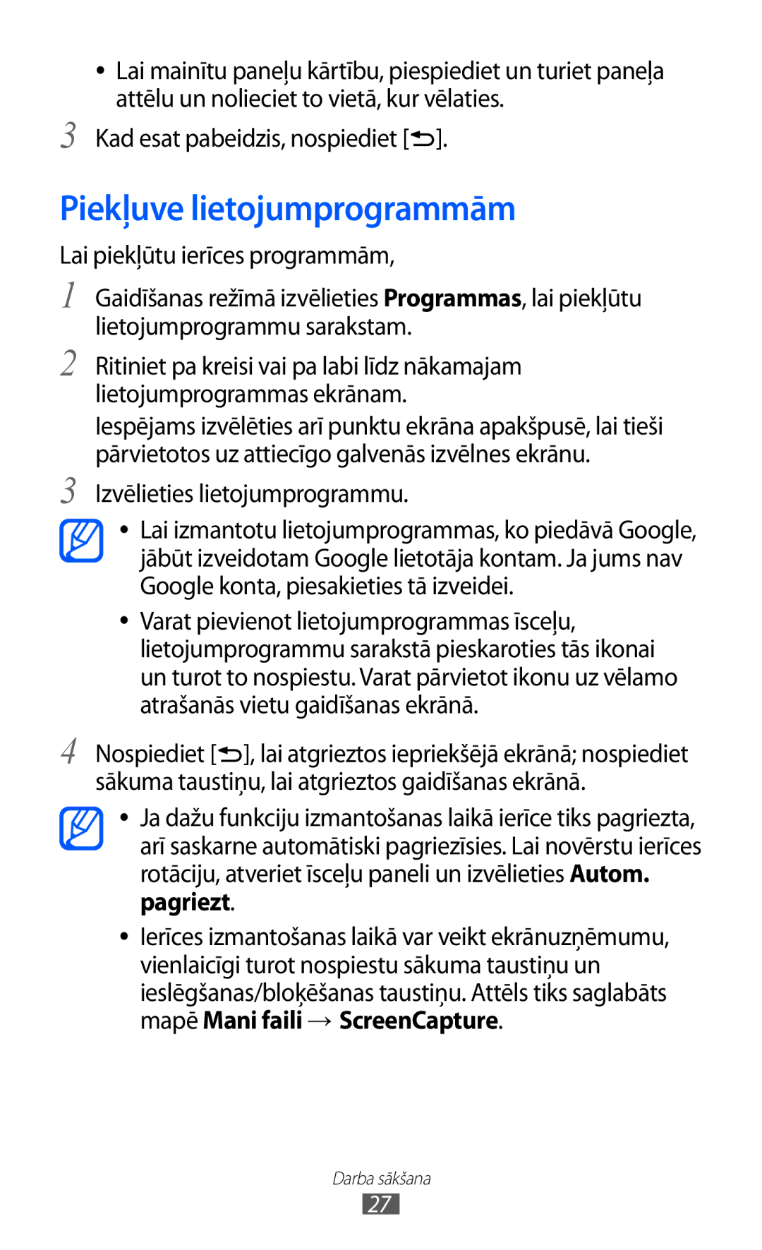 Samsung GT-I9103MAASEB manual Piekļuve lietojumprogrammām, Izvēlieties lietojumprogrammu, Mapē Mani faili → ScreenCapture 