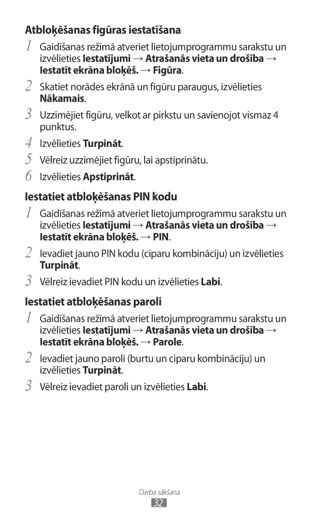 Samsung GT-I9103MAASEB manual Atbloķēšanas figūras iestatīšana 