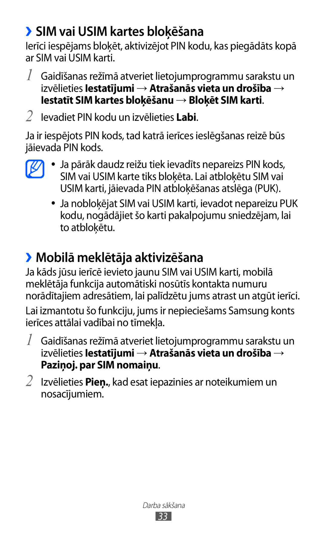 Samsung GT-I9103MAASEB manual ››SIM vai Usim kartes bloķēšana, ››Mobilā meklētāja aktivizēšana 