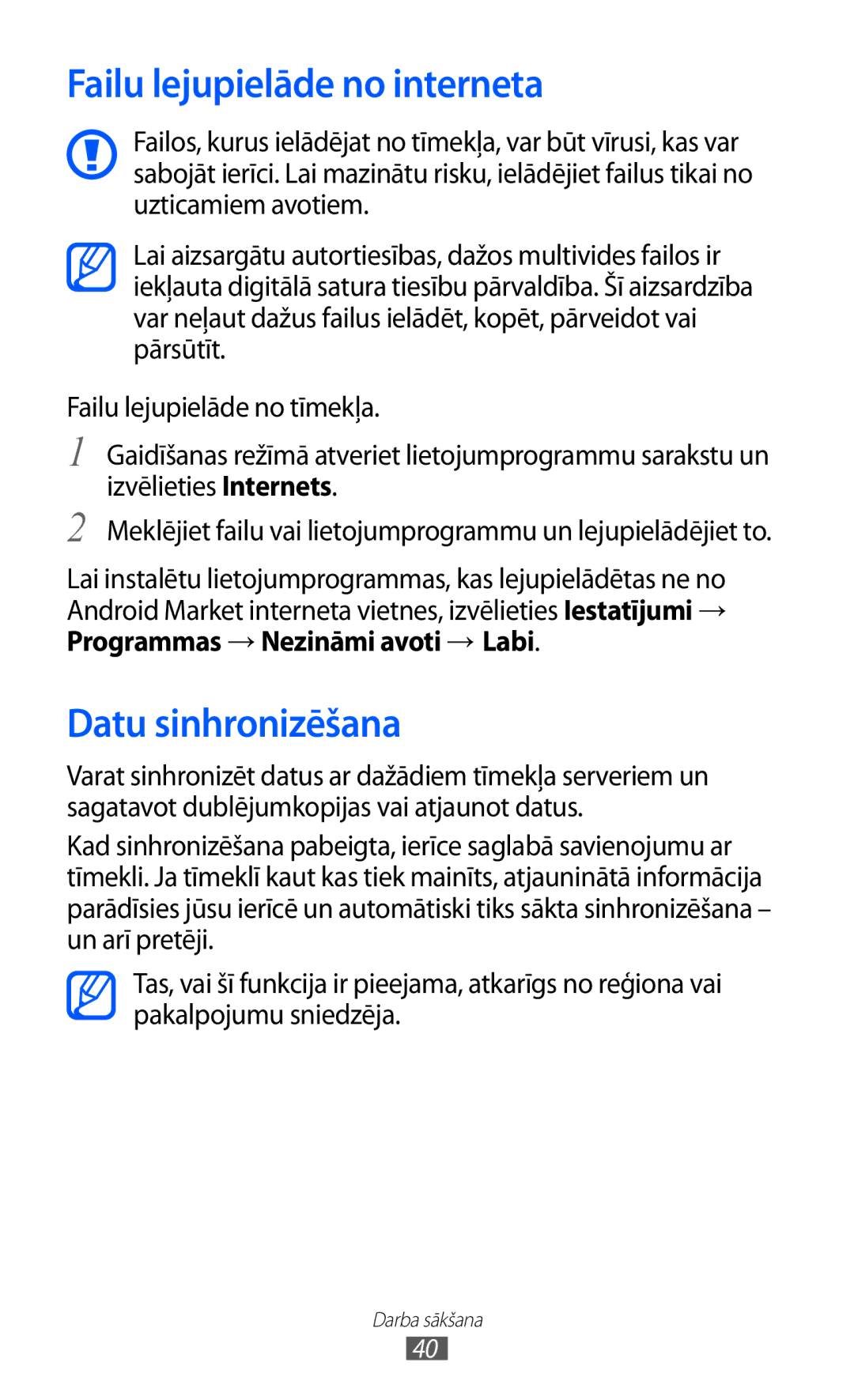 Samsung GT-I9103MAASEB manual Failu lejupielāde no interneta, Datu sinhronizēšana, Programmas → Nezināmi avoti → Labi 