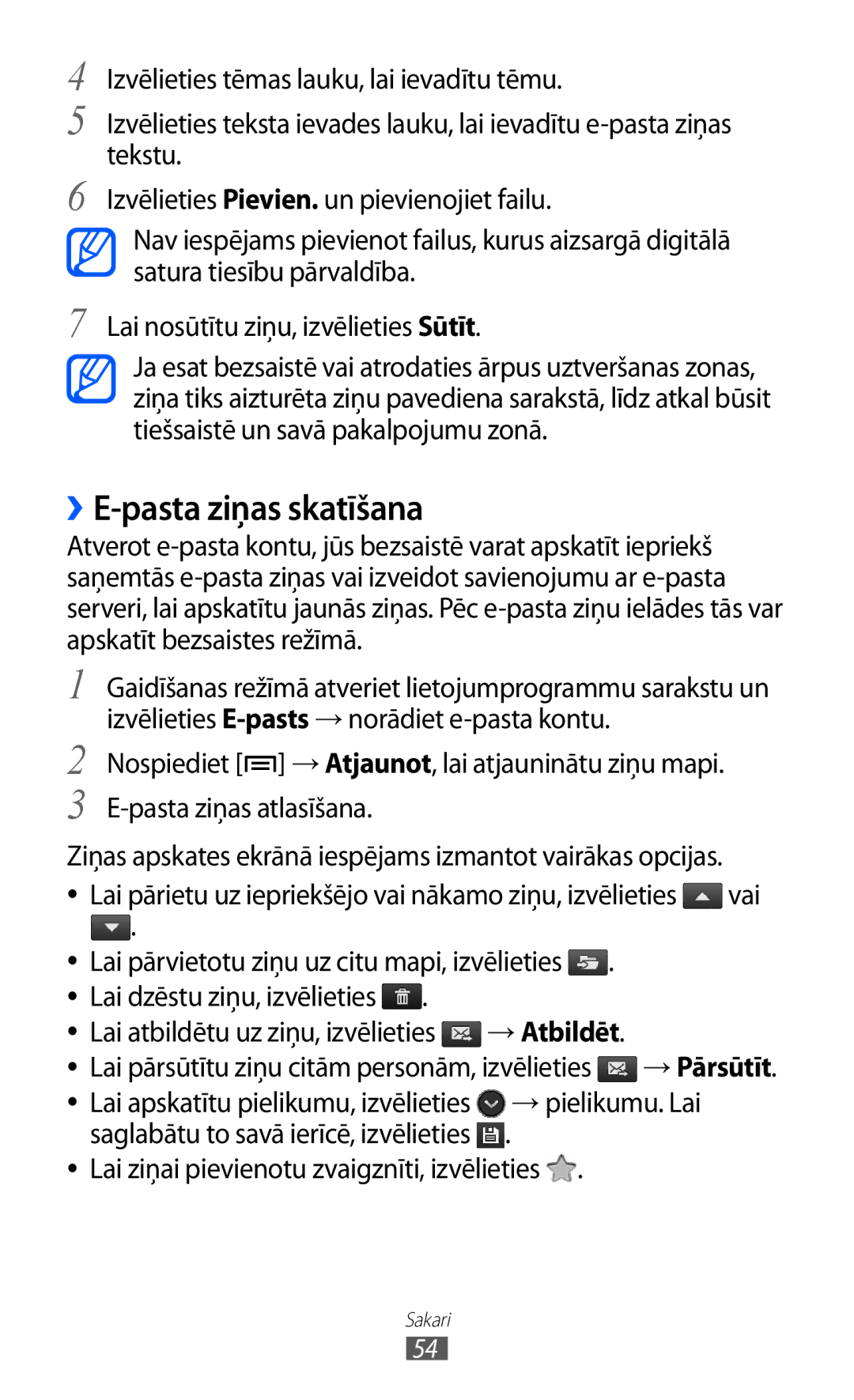 Samsung GT-I9103MAASEB manual ››E-pasta ziņas skatīšana, → Pārsūtīt, → pielikumu. Lai 