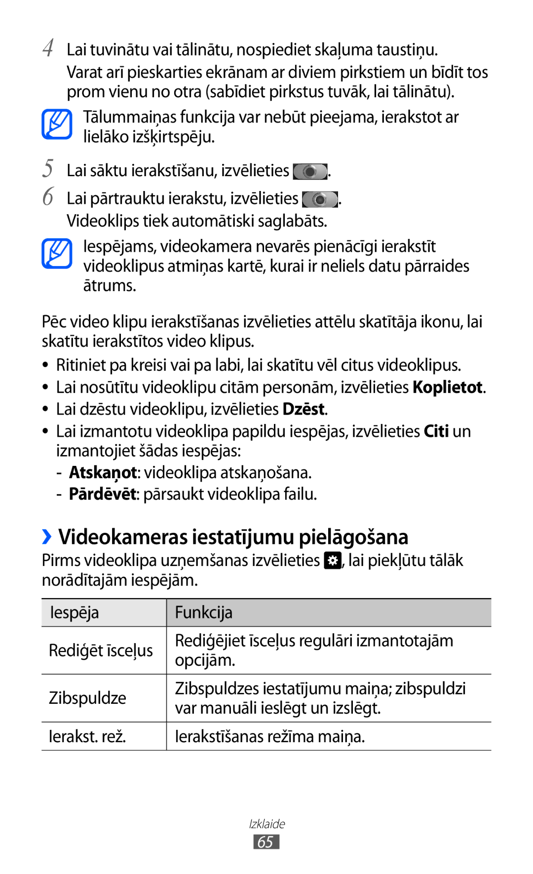 Samsung GT-I9103MAASEB manual ››Videokameras iestatījumu pielāgošana, Zibspuldze, Var manuāli ieslēgt un izslēgt 