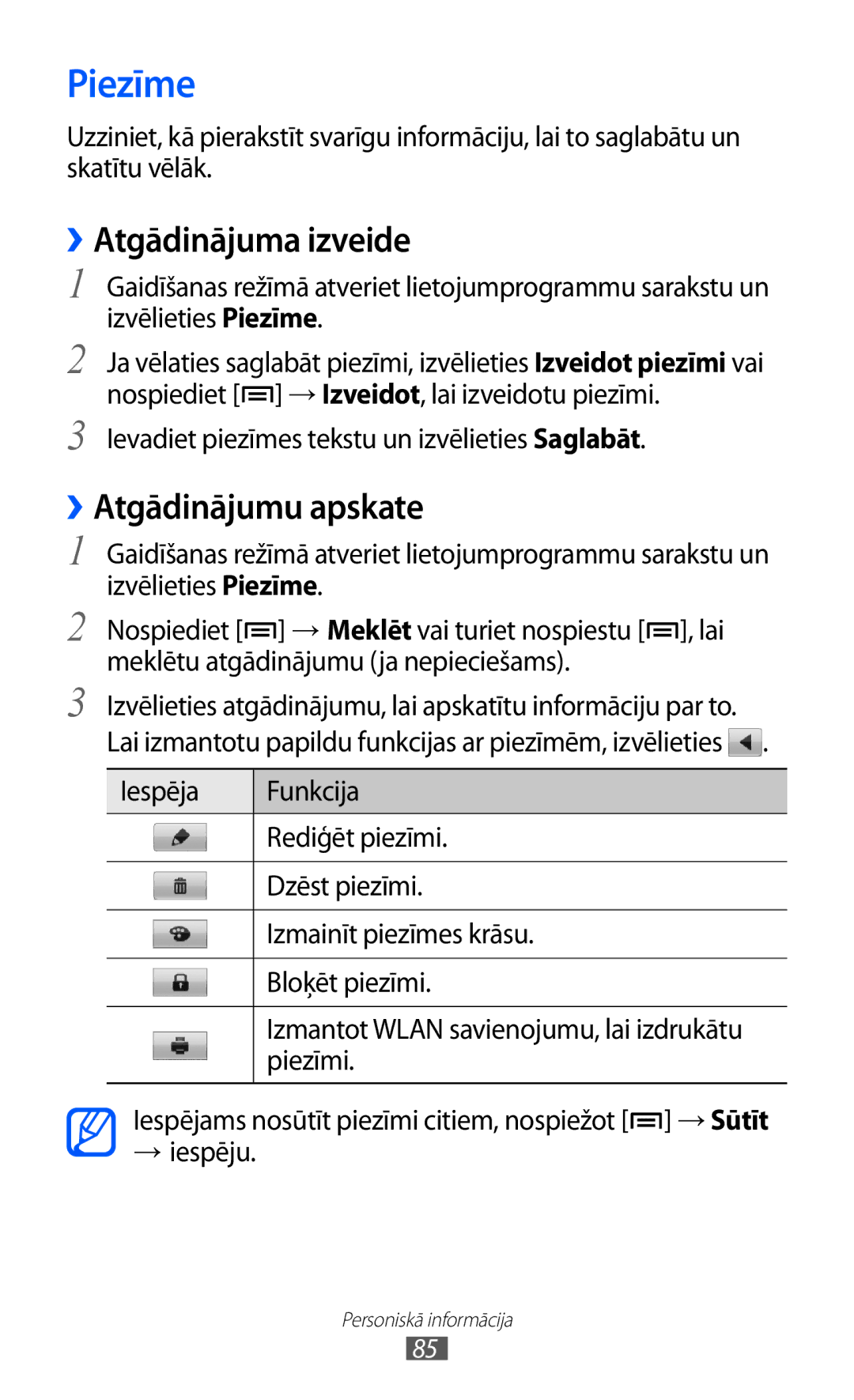 Samsung GT-I9103MAASEB manual Piezīme, ››Atgādinājuma izveide, ››Atgādinājumu apskate, Piezīmi 