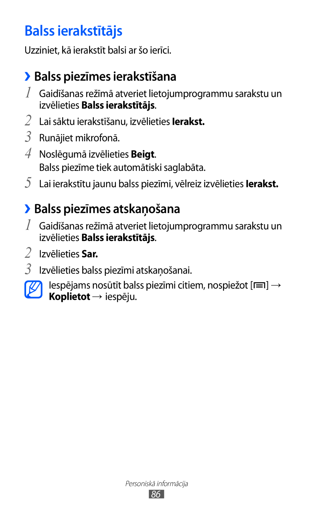 Samsung GT-I9103MAASEB manual Balss ierakstītājs, ››Balss piezīmes ierakstīšana, ››Balss piezīmes atskaņošana 