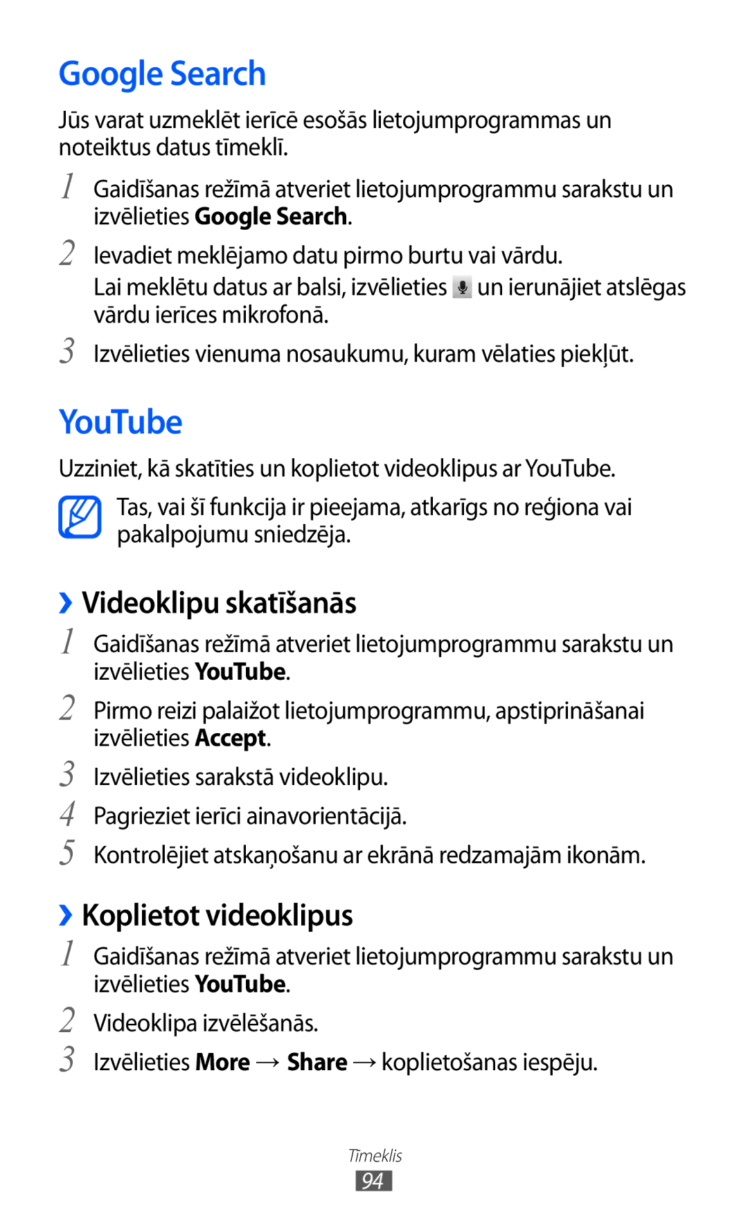 Samsung GT-I9103MAASEB manual Google Search, YouTube, ››Videoklipu skatīšanās, ››Koplietot videoklipus 