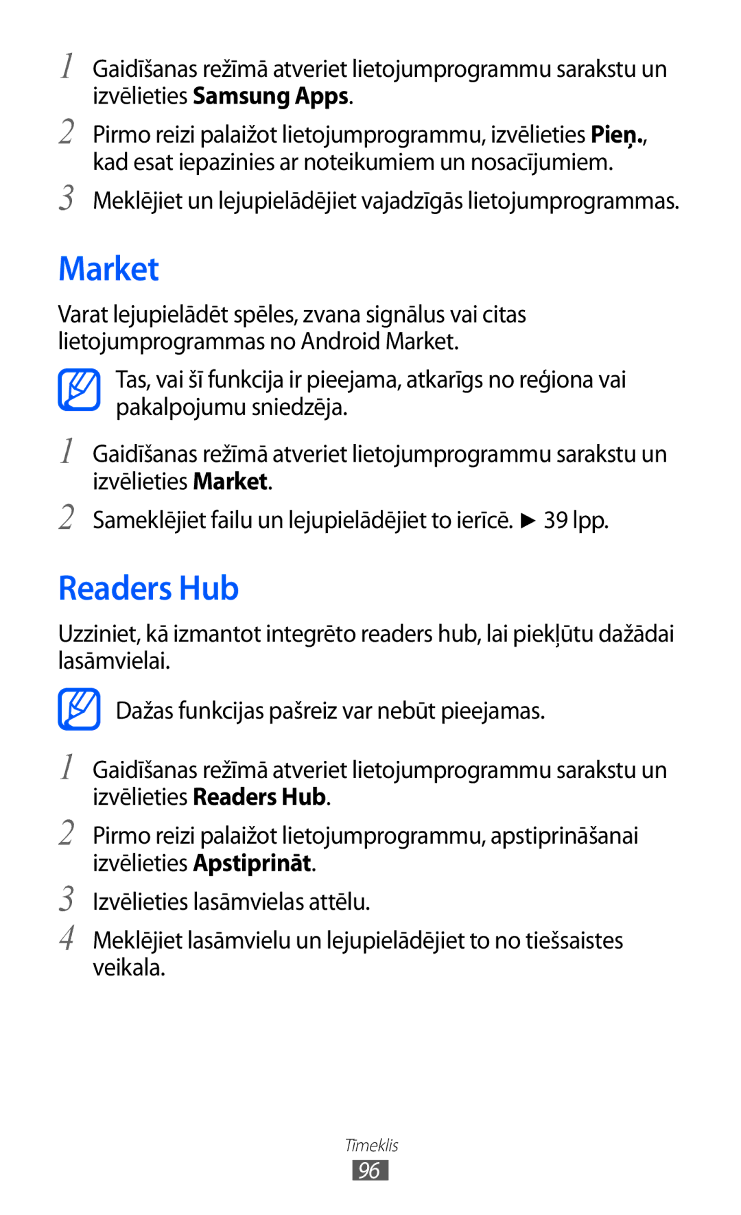 Samsung GT-I9103MAASEB manual Market, Readers Hub, Meklējiet un lejupielādējiet vajadzīgās lietojumprogrammas 