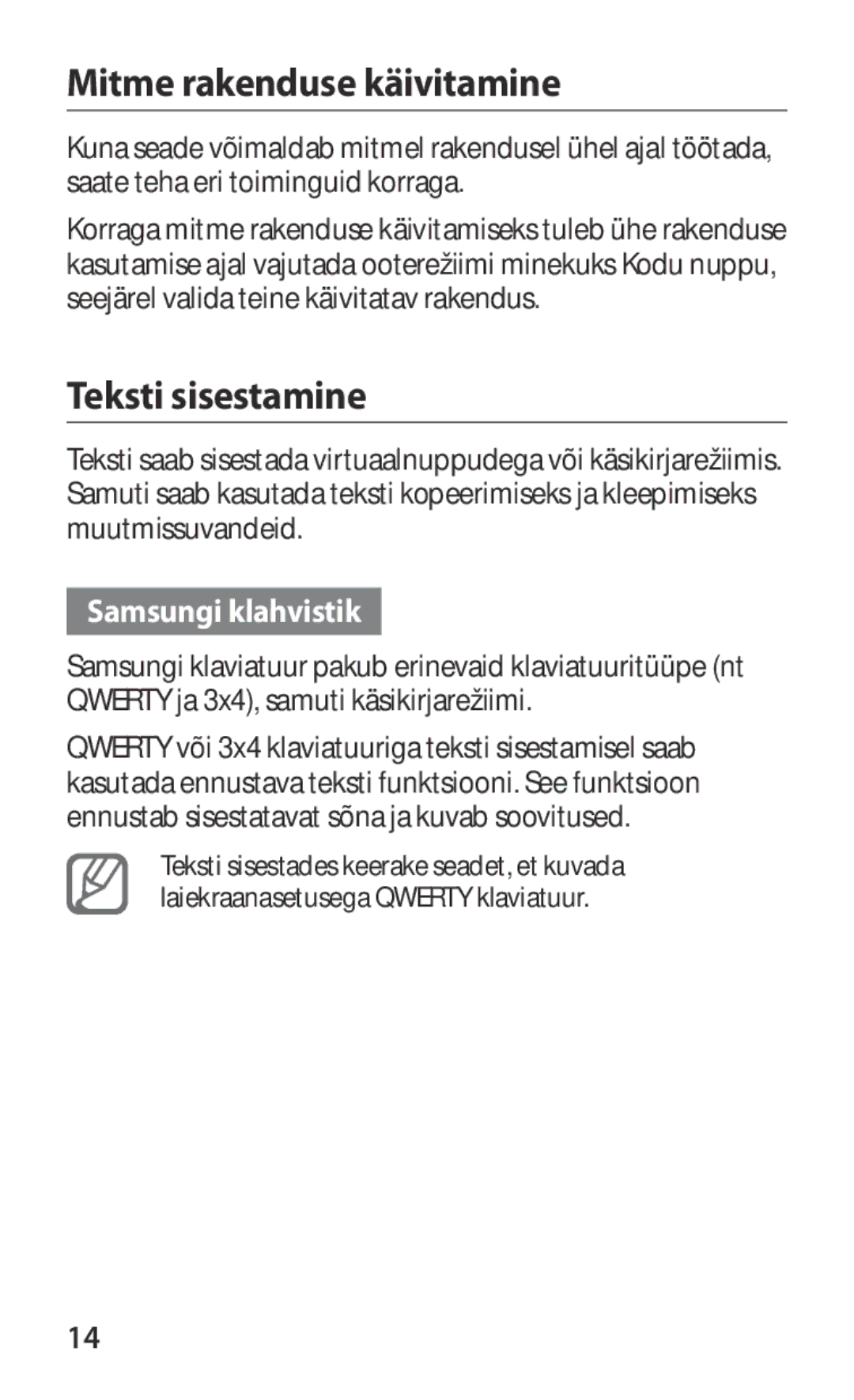 Samsung GT-I9103MAASEB manual Mitme rakenduse käivitamine, Teksti sisestamine, Samsungi klahvistik 