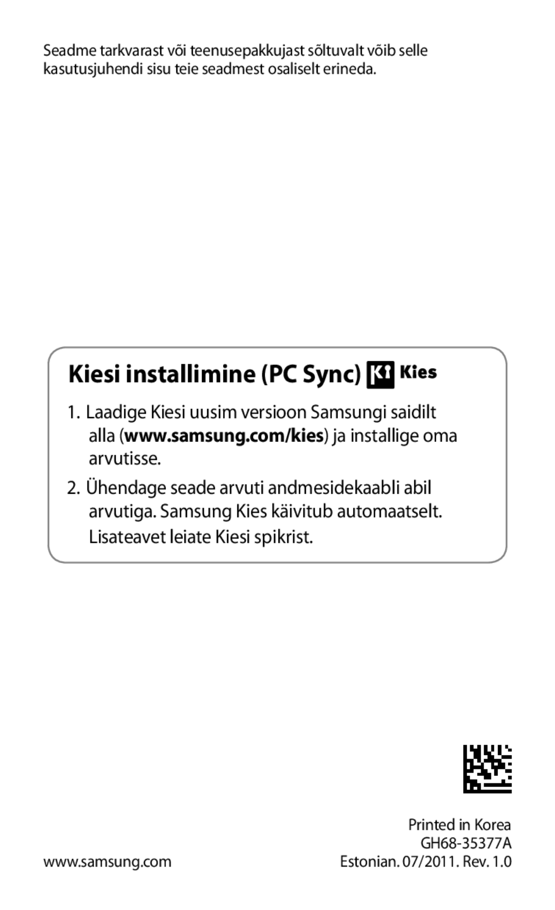 Samsung GT-I9103MAASEB manual Kiesi installimine PC Sync 