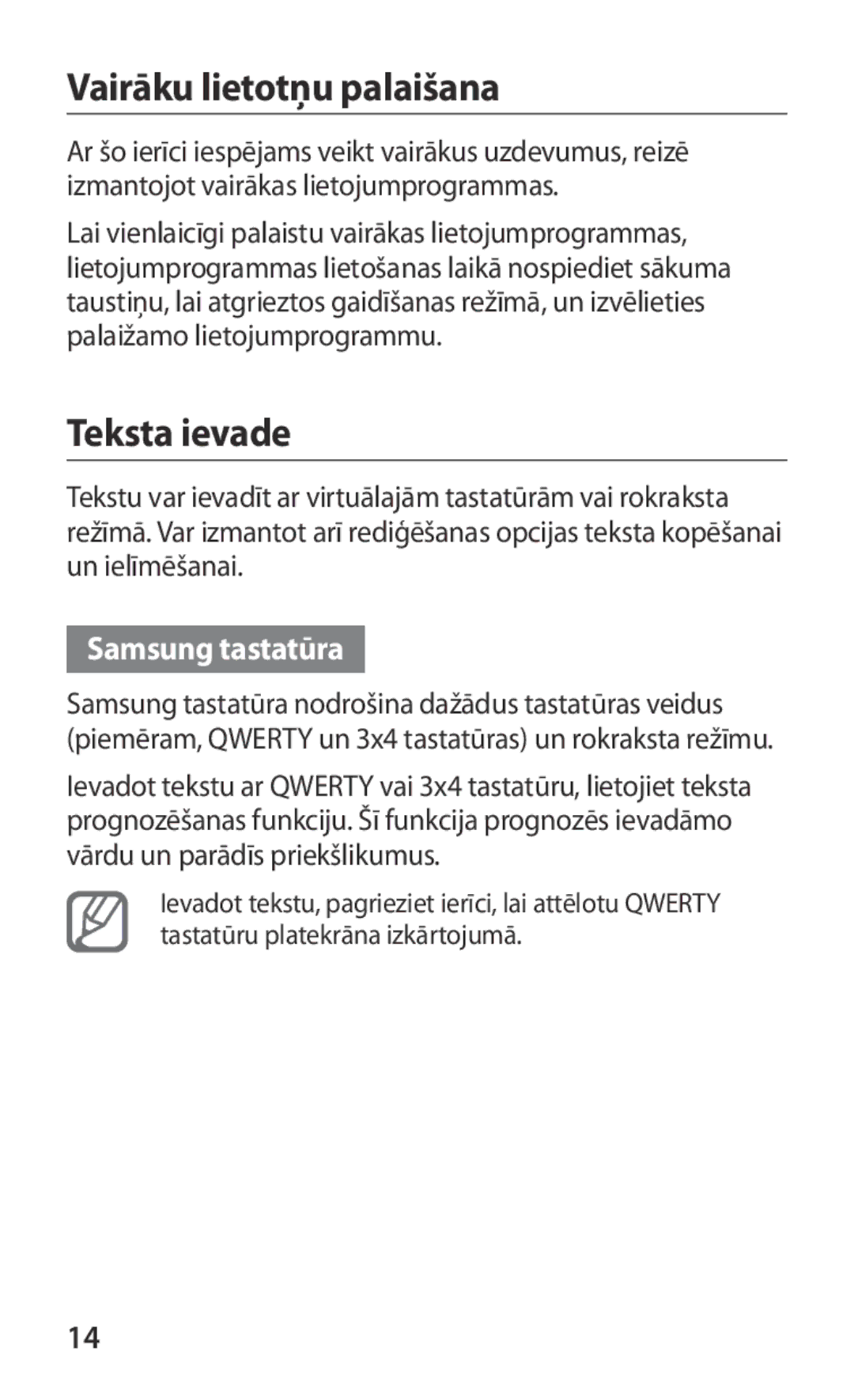 Samsung GT-I9103MAASEB manual Vairāku lietotņu palaišana, Teksta ievade, Samsung tastatūra 