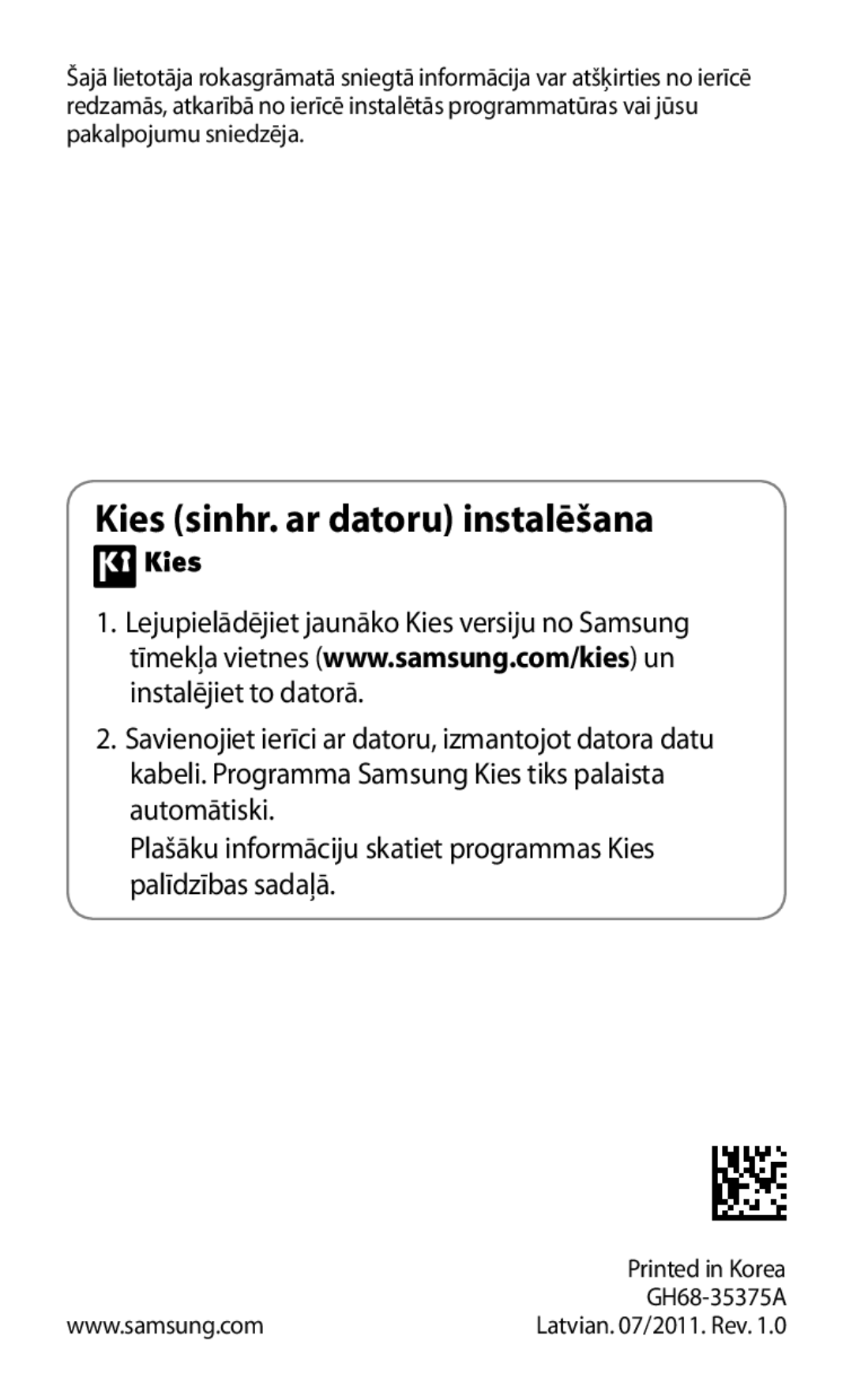 Samsung GT-I9103MAASEB manual Kies sinhr. ar datoru instalēšana 