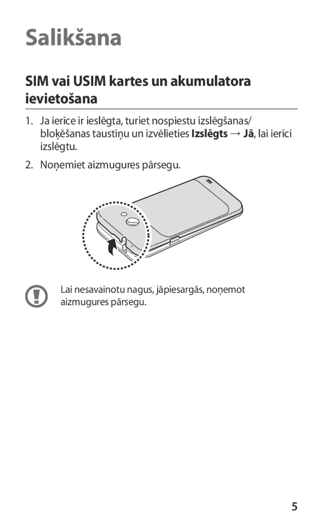 Samsung GT-I9103MAASEB manual Salikšana, SIM vai Usim kartes un akumulatora ievietošana 