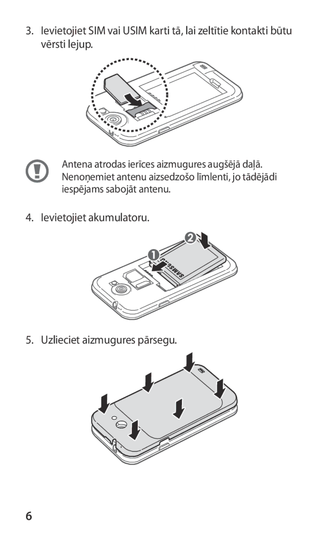 Samsung GT-I9103MAASEB manual Ievietojiet akumulatoru Uzlieciet aizmugures pārsegu 