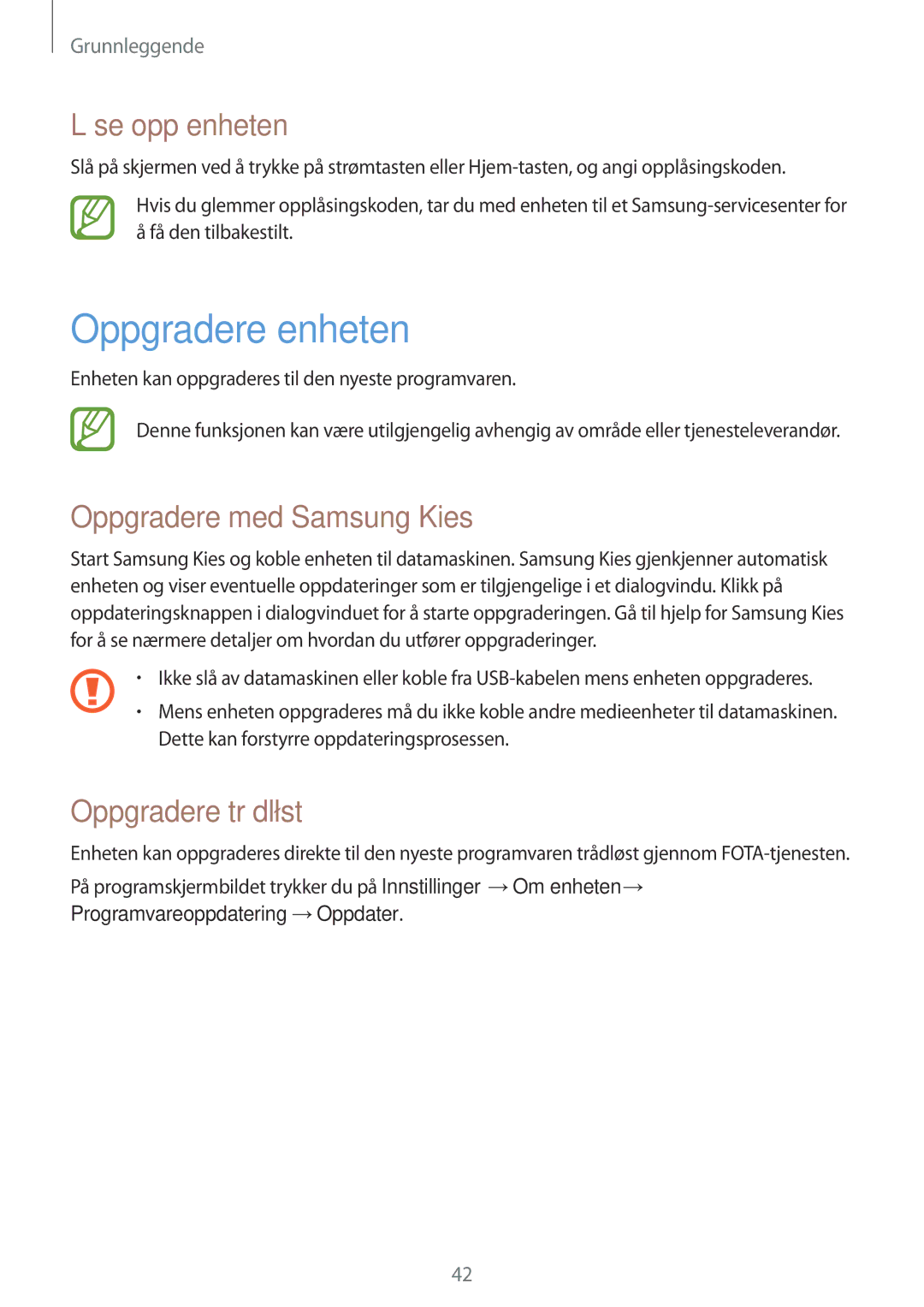 Samsung GT-I9105CWNNEE manual Oppgradere enheten, Låse opp enheten, Oppgradere med Samsung Kies, Oppgradere trådløst 