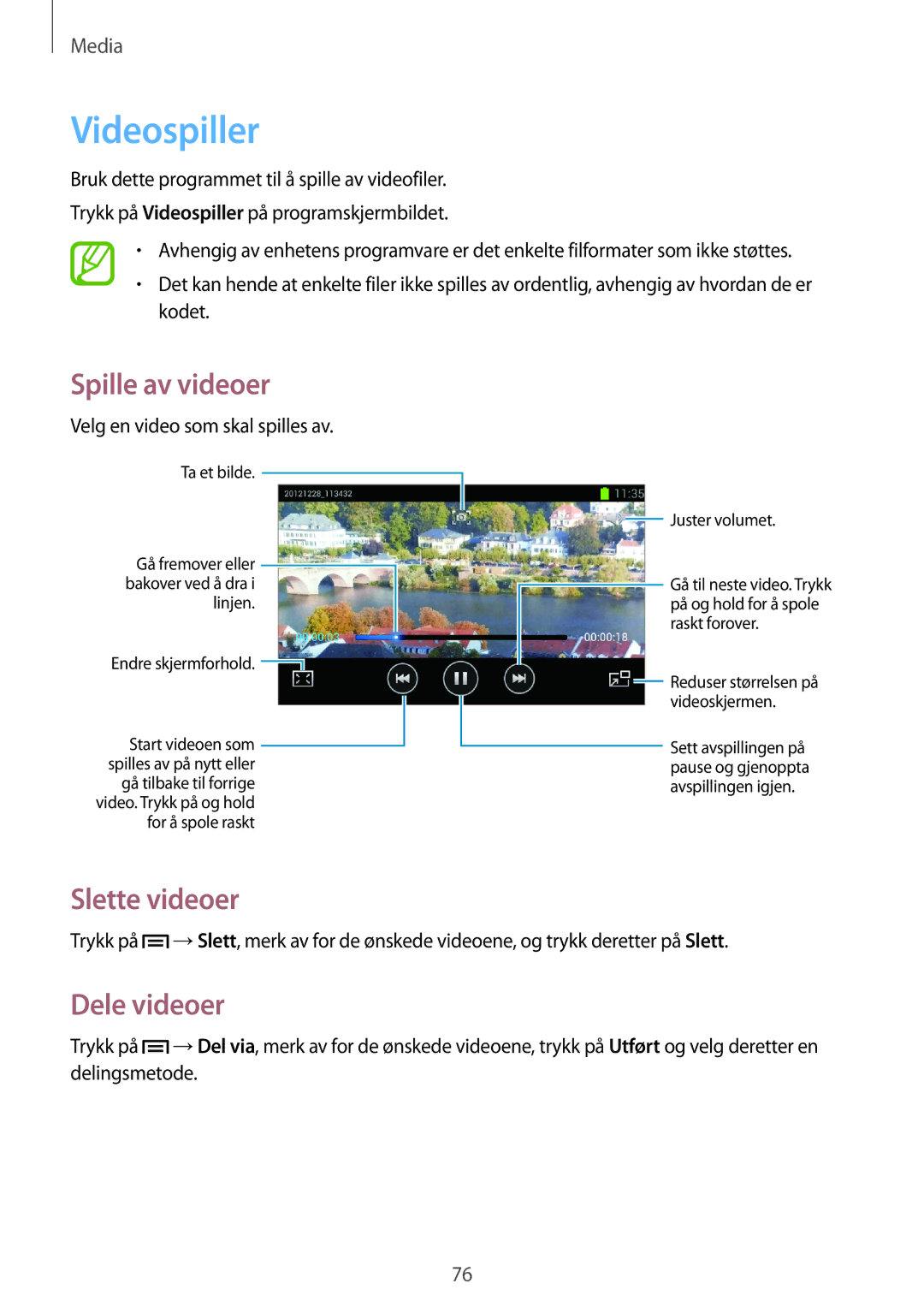 Samsung GT-I9105UADNEE, GT-I9105CWNNEE, GT-I9105UANNEE manual Videospiller, Slette videoer, Dele videoer 