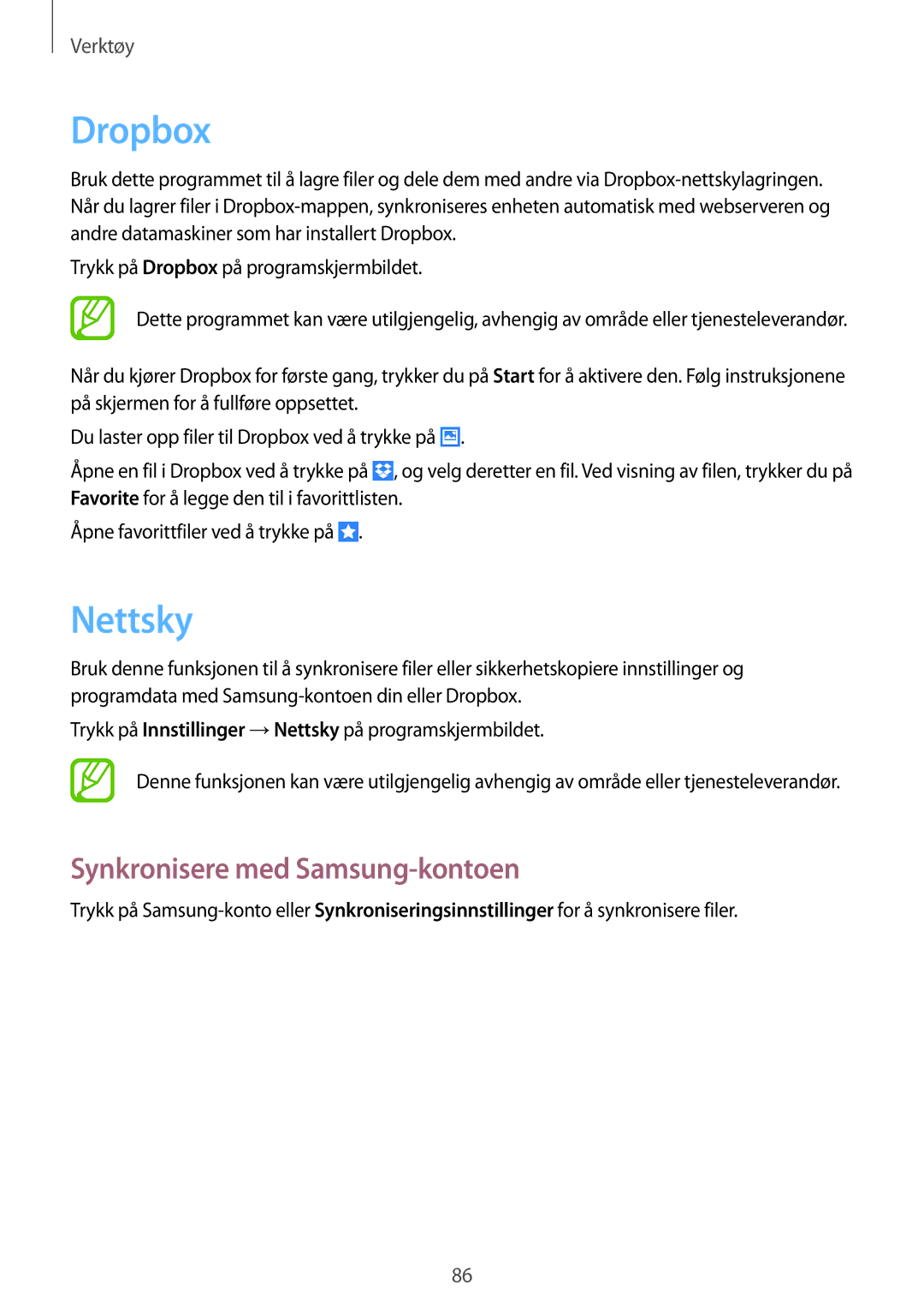 Samsung GT-I9105UANNEE, GT-I9105CWNNEE, GT-I9105UADNEE manual Dropbox, Nettsky, Synkronisere med Samsung-kontoen 