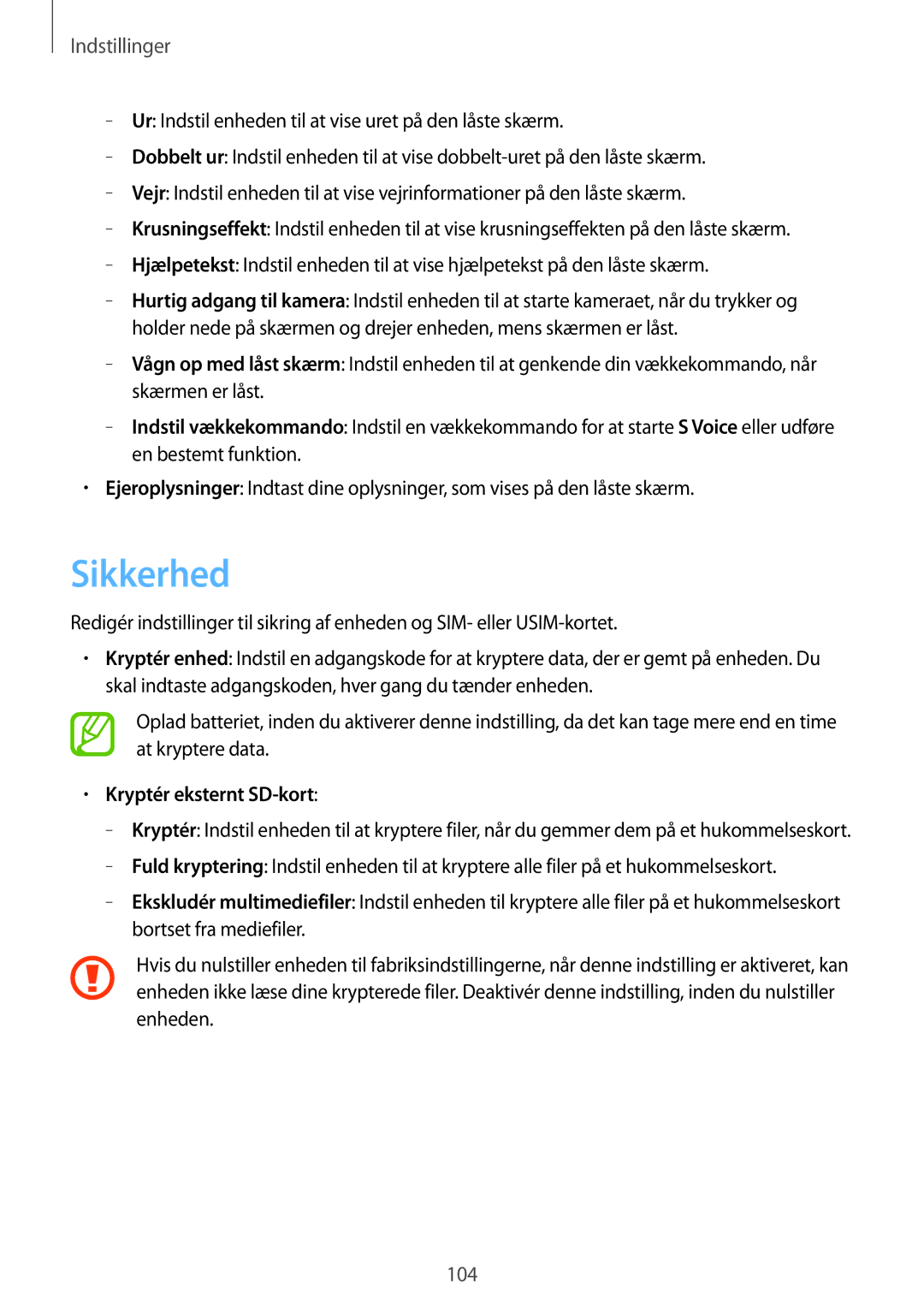 Samsung GT-I9105UANNEE, GT-I9105CWNNEE, GT-I9105UADNEE manual Sikkerhed, Kryptér eksternt SD-kort 