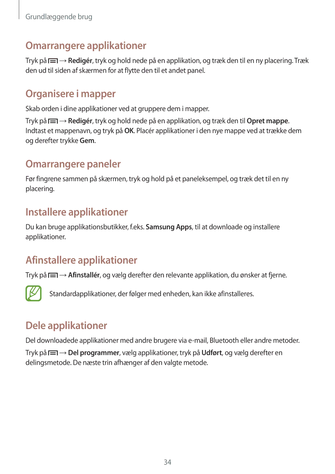 Samsung GT-I9105UADNEE manual Omarrangere applikationer, Organisere i mapper, Installere applikationer, Dele applikationer 