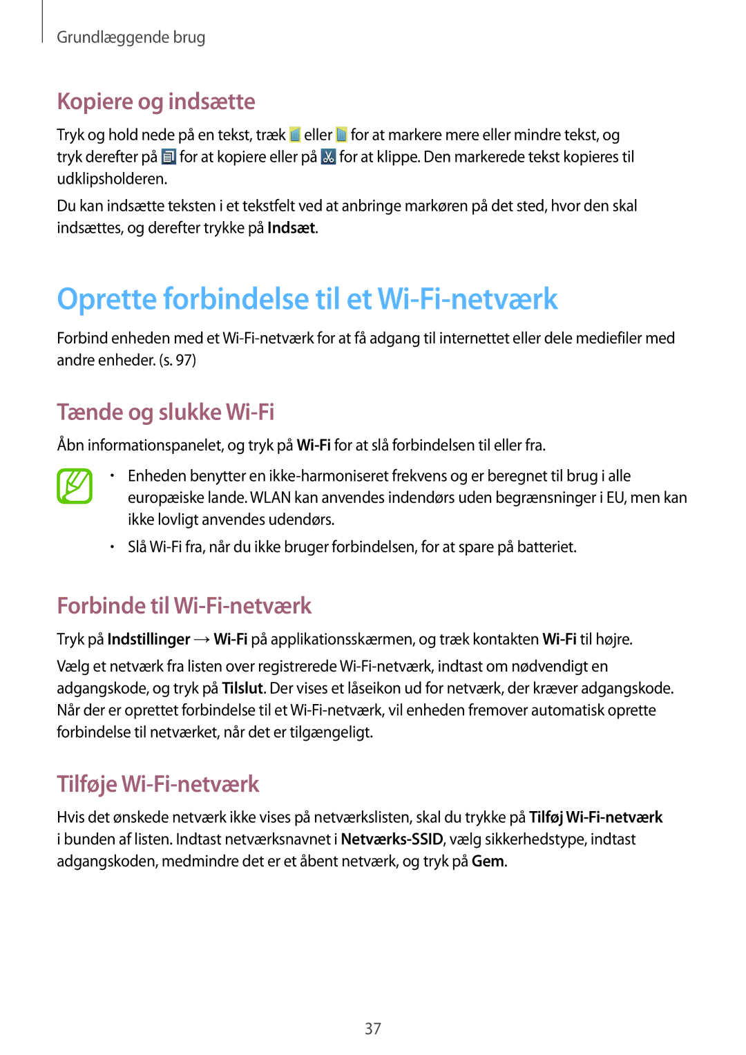 Samsung GT-I9105UADNEE manual Oprette forbindelse til et Wi-Fi-netværk, Kopiere og indsætte, Tænde og slukke Wi-Fi 