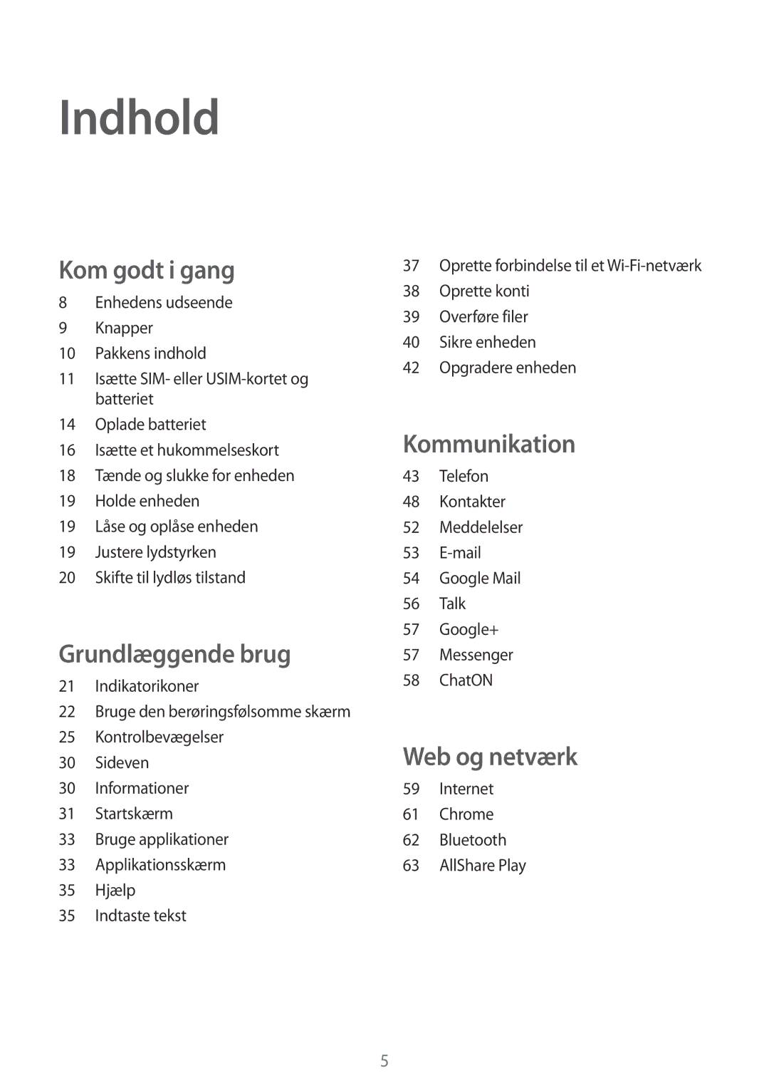 Samsung GT-I9105UANNEE, GT-I9105CWNNEE, GT-I9105UADNEE manual Indhold, Kom godt i gang 